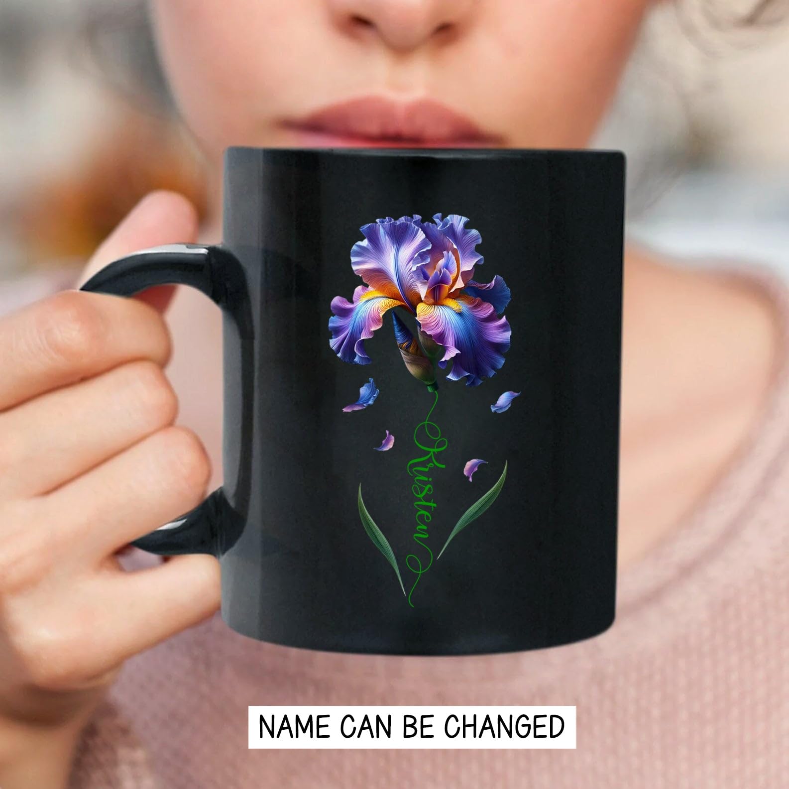 Personalized Iris Flower Coffee Cup Gift for Iris Lovers, Iris Ceramic Cups for Dad Mom Grandparents Birthday, Novelty Iris Flower Black Cup, Customized Purple Iris Mug 11oz 15oz, Iris Tea Cups