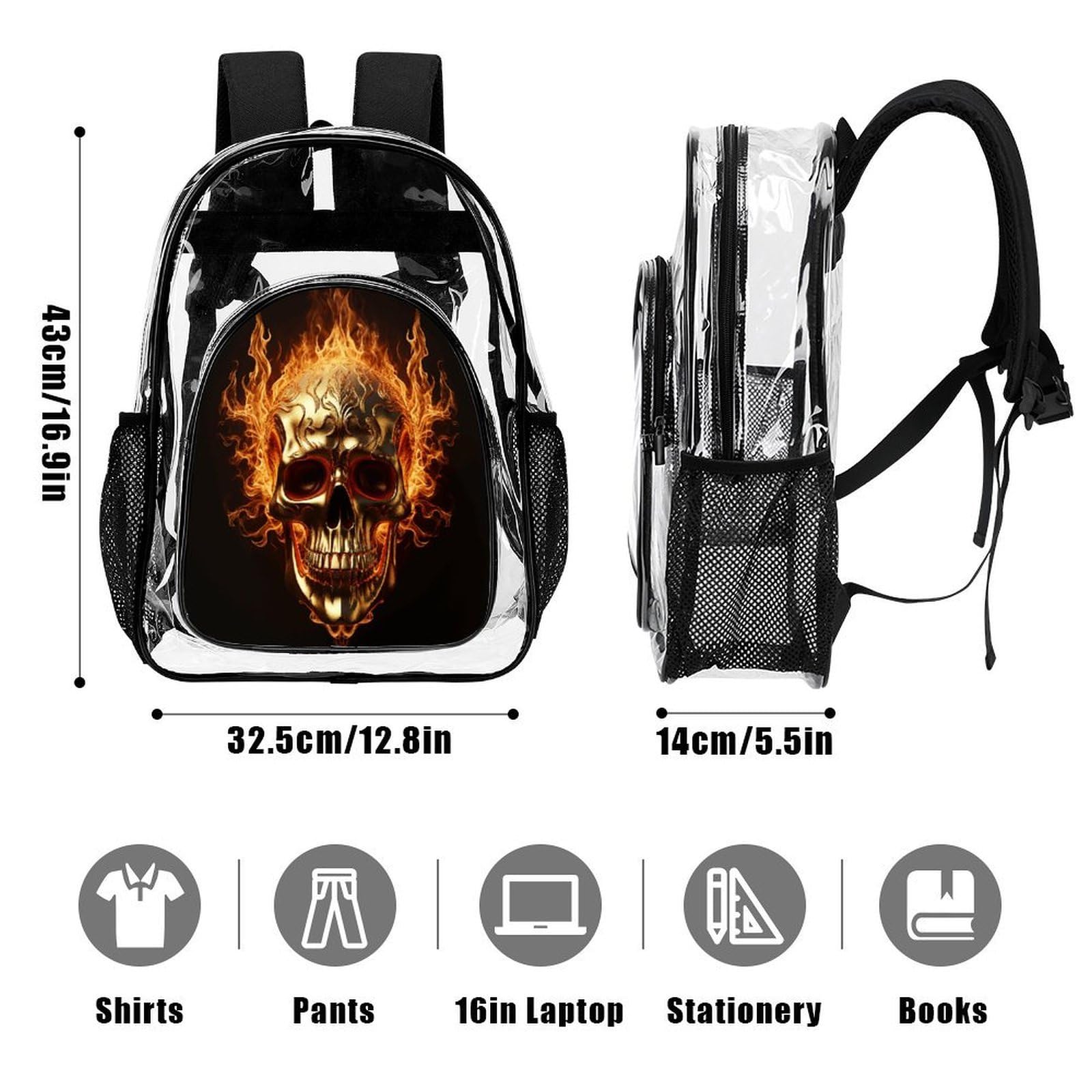 Transparenter Rucksack mit Totenkopf und Flammen, groß, transparent, PVC, Büchertasche für Sicherheit, Arbeit, Reisen, Stadion