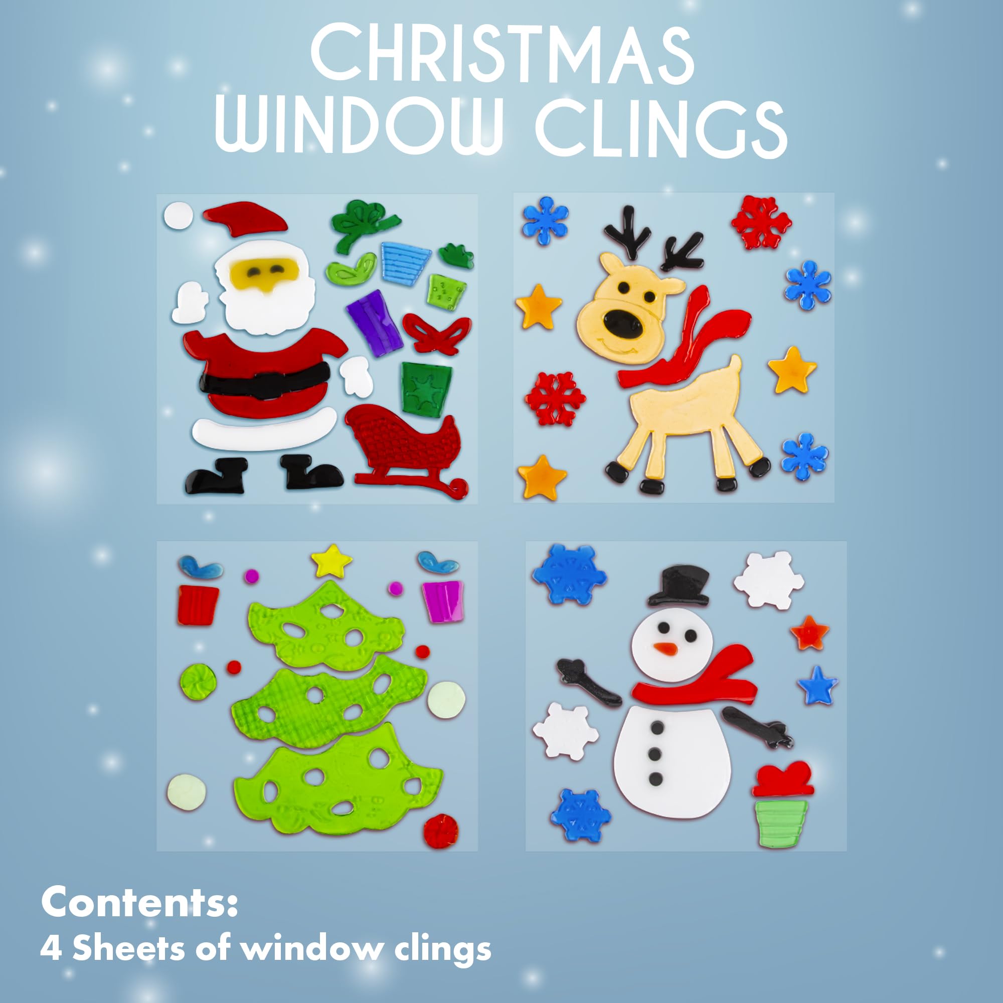 abeec Weihnachtliche Fensterbilder - Wiederverwendbar - Gel - Fensteraufkleber - Schneemann, Rentier, Weihnachtsmann & Weihnachtsbaum - Fensterdekoration