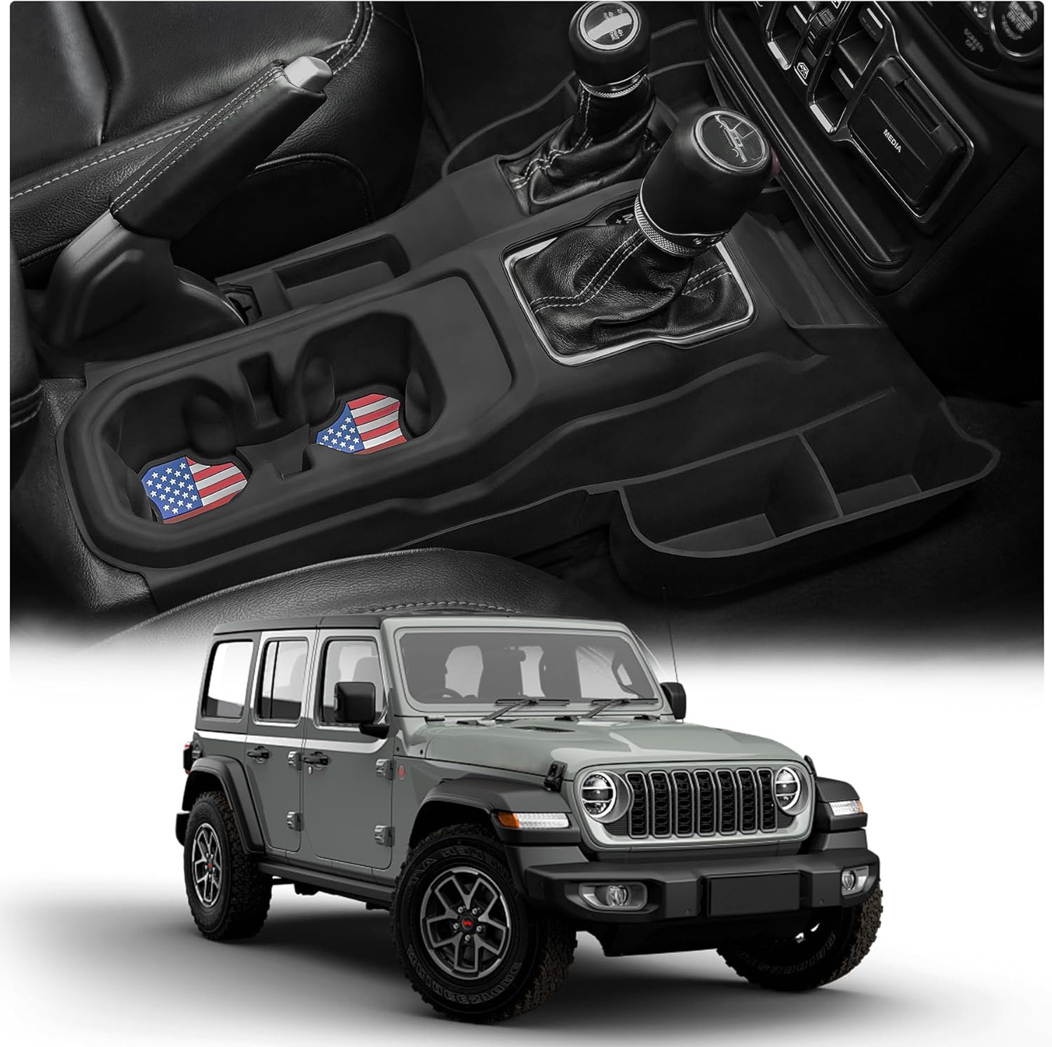 Cup Holder Insert Center Console Organizer for 2018–2023 Jeep Wrangler JL Gladiator JT, Protective Silicone Interior Storage Accessories, Gear Shift Console Trim with Side Pockets
