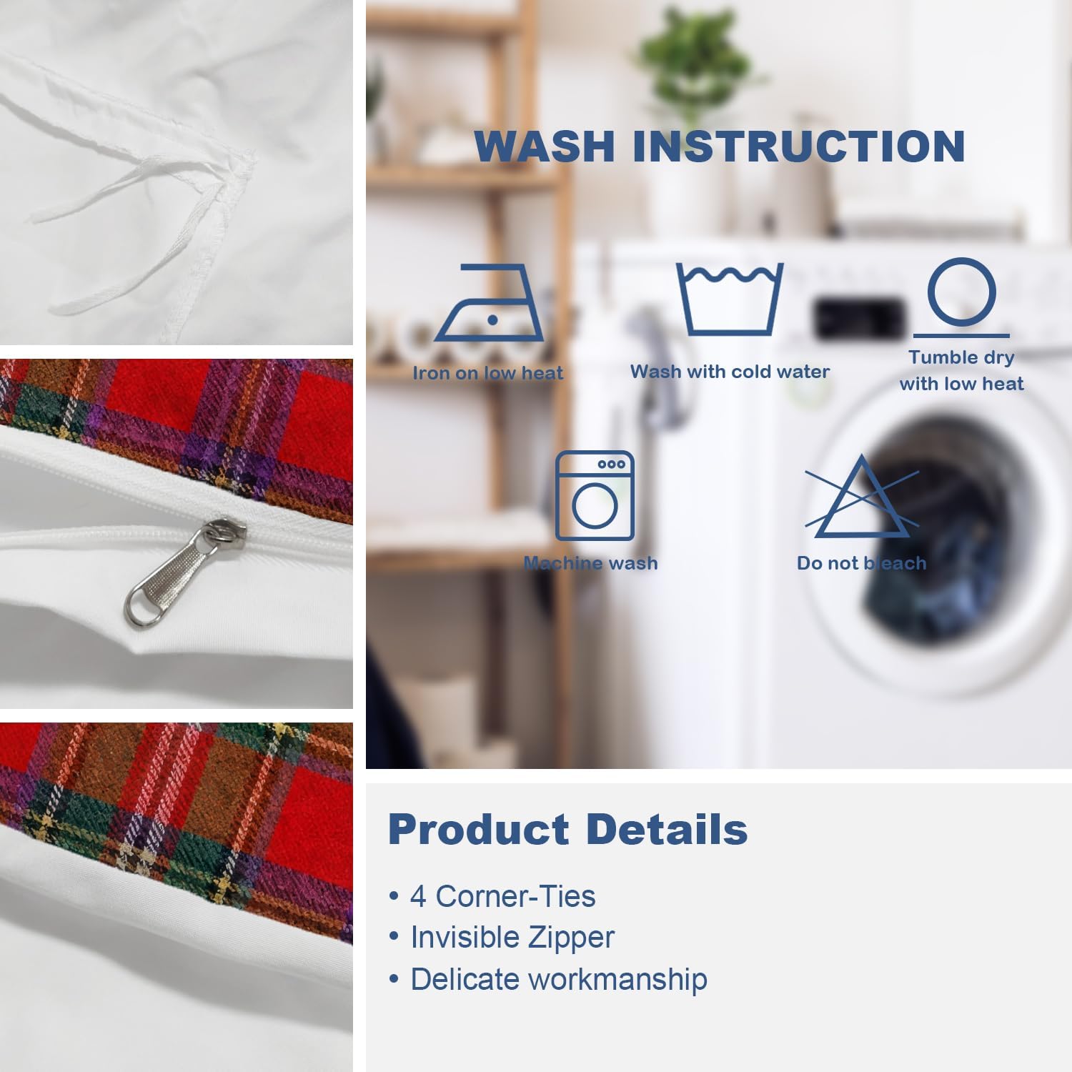 Batmerry Red Checkered Queen Size 3 Pieces Bedding Duvet Cover Sets,Soft Fluffy Clan Stewart Scottish Royal Red Tartan Plaid Pattern Printed Duvet Cover for All Season