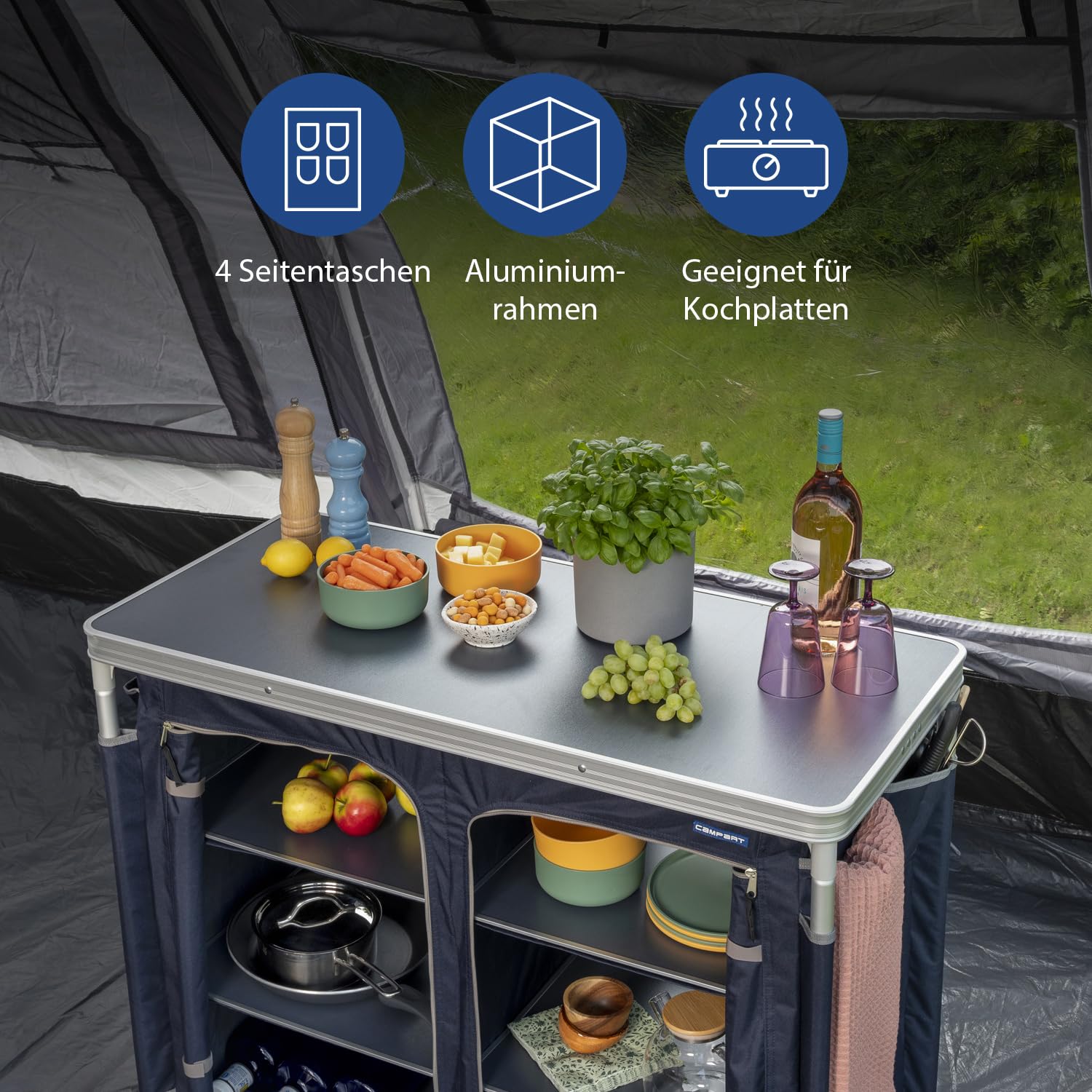 Campart Camping Küche Bilbao – 2 Fächer mit je 3 Ablagen – 4 Seitentaschen – 4 verstellbare Füße – Inklusive Tragetasche – Blau – KI-0411, Anthrazit