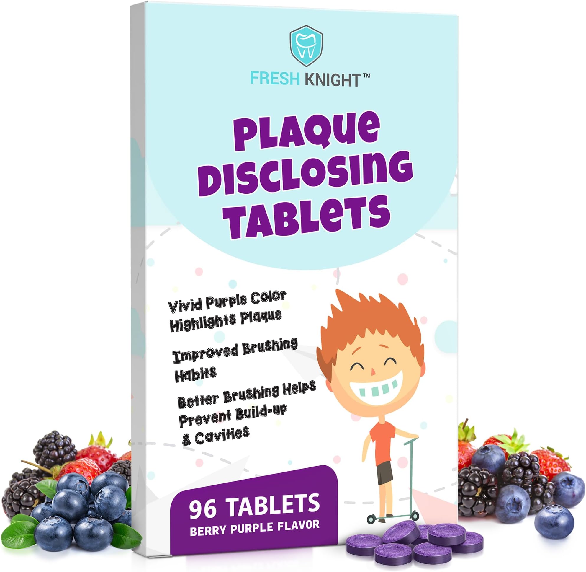 Plaque Disclosing Tablets for Teeth, 96 Count, Dental Disclosing Tablets for Kids or Adults, Shows Plaque, Helps Teach Kids Teeth-Brushing Habits for Clean Smile, by Fresh Knight, (Pack of 1)