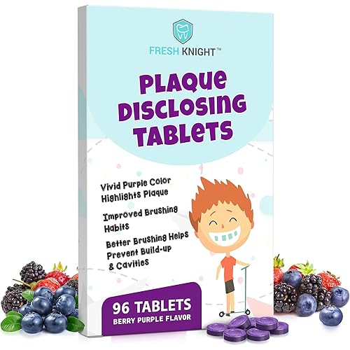 Plaque Disclosing Tablets for Teeth, 96 Count, Dental Disclosing Tablets for Kids or Adults, Shows Plaque, Helps Teach Kids Teeth-Brushing Habits for Clean Smile, by Fresh Knight, (Pack of 1)