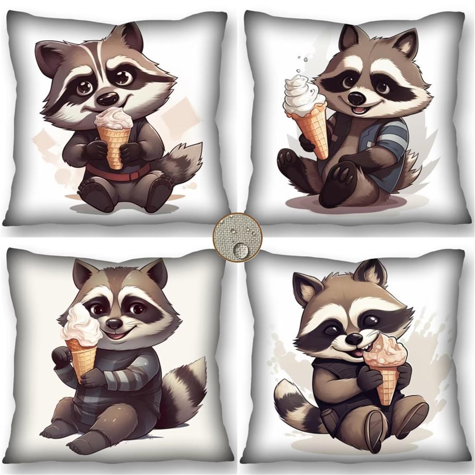 Juego de 4 Funda Cojín 70x70 cm Moderno Mapache - Helados Cojines Exterior Jardín 45x45 para Sofá, Cojines Impermeables Exterior para Patio al Aire Libre, Decoración de Casa de Campo y Sala de Estar.