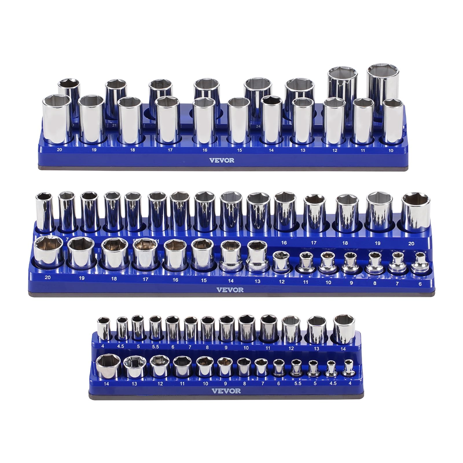 VEVOR Kit Organisateurs Douilles Magnétiques, Lot de 3, Plateaux de Douilles Métriques 1/4'', 3/8'', 1/2'', Étiquettes Transparentes, Capacité 75 Standard et Profondes Non Incluses, Bleu