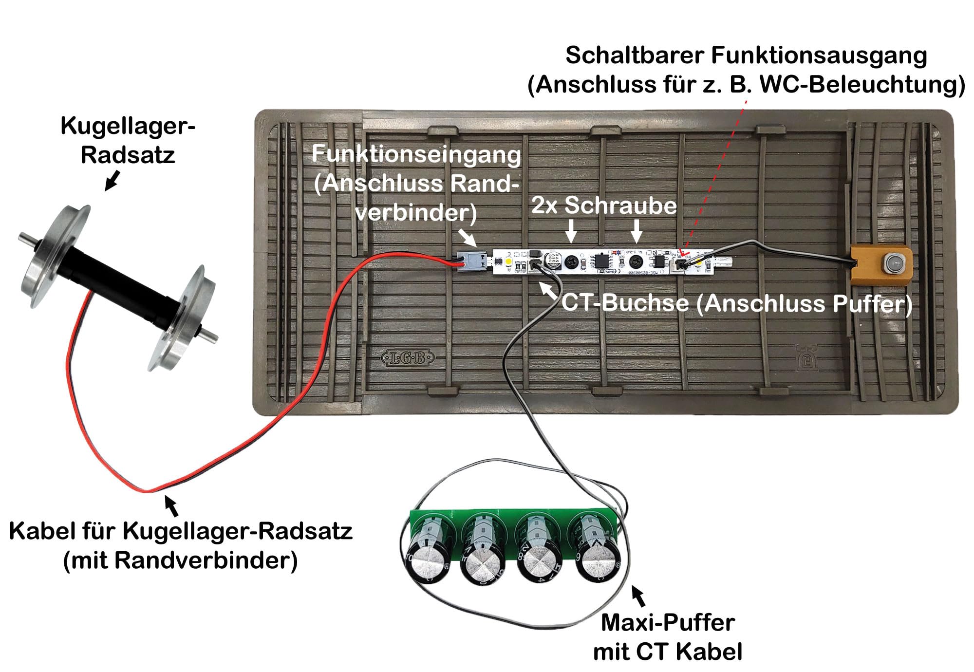 Beleuchtungs-Set mit LED-Lichtleiste analog/digital und kugelgelagertem Voll-Radsatz - Für die Innenbeleuchtung in Personenwagen und Gebäuden - Gartenbahn Spur G Zubehör (Kurze Wagen)