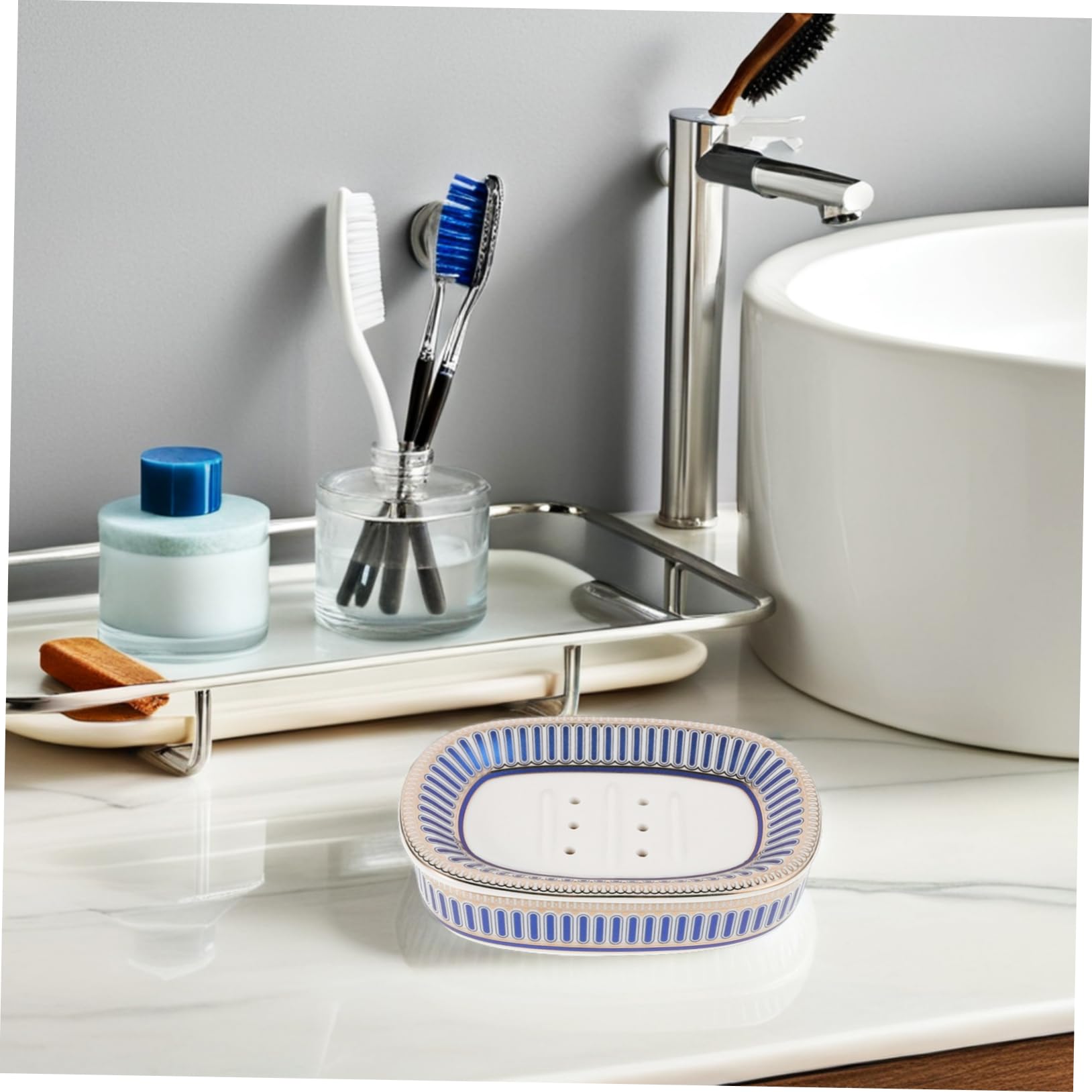 Jabonera de Cerámica con Escurridor y Diseño de Rayas | Desmontable, Limpieza Sencilla, Uso Higiénico, Estilo Simple y Elegante, para Organización del Baño