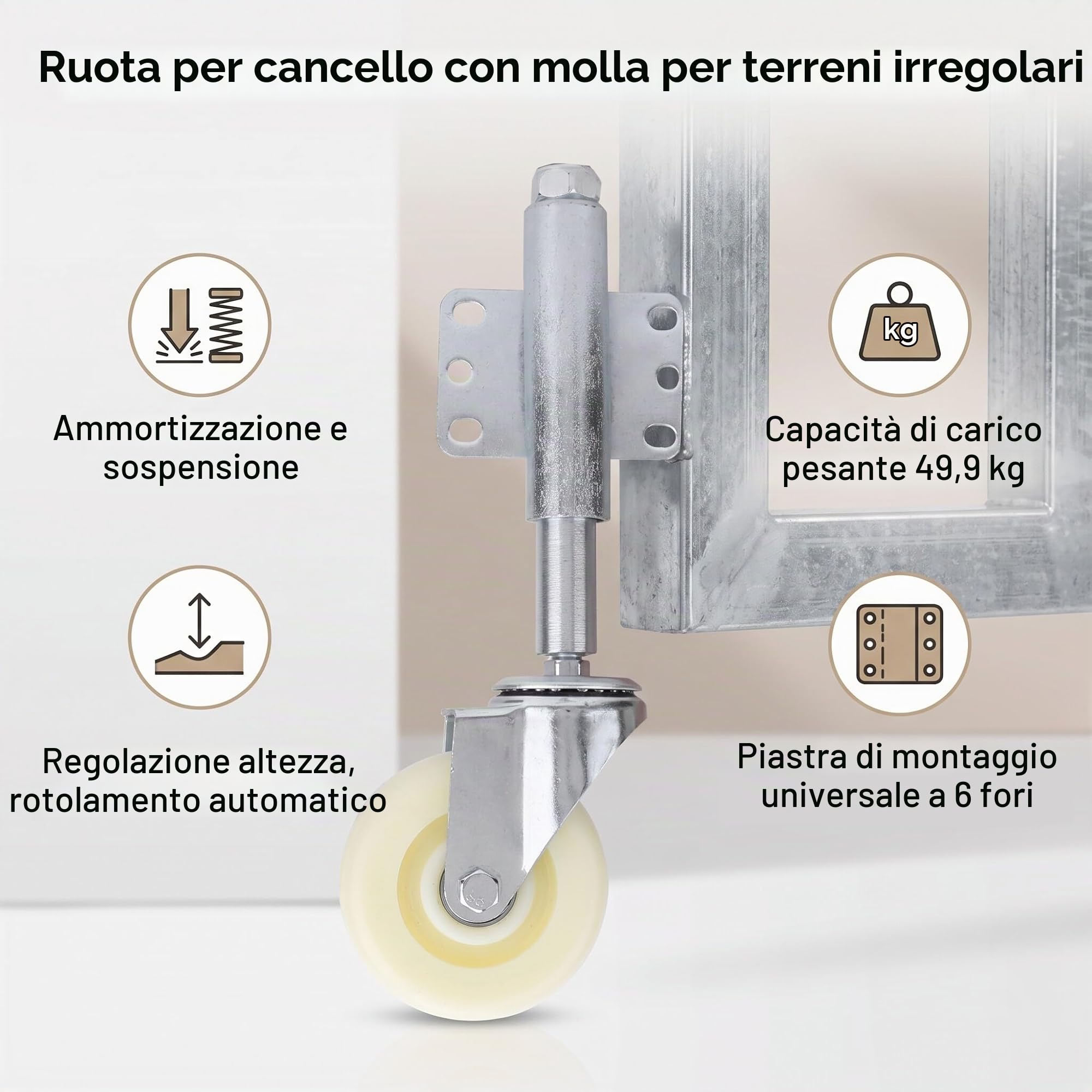 Mulinello per cancelli pesanti, rullo di supporto ammortizzato con molla, ruota girevole a molla, 4", capacità di carico 200 kg, per cancello giardino, cancello scorrevole