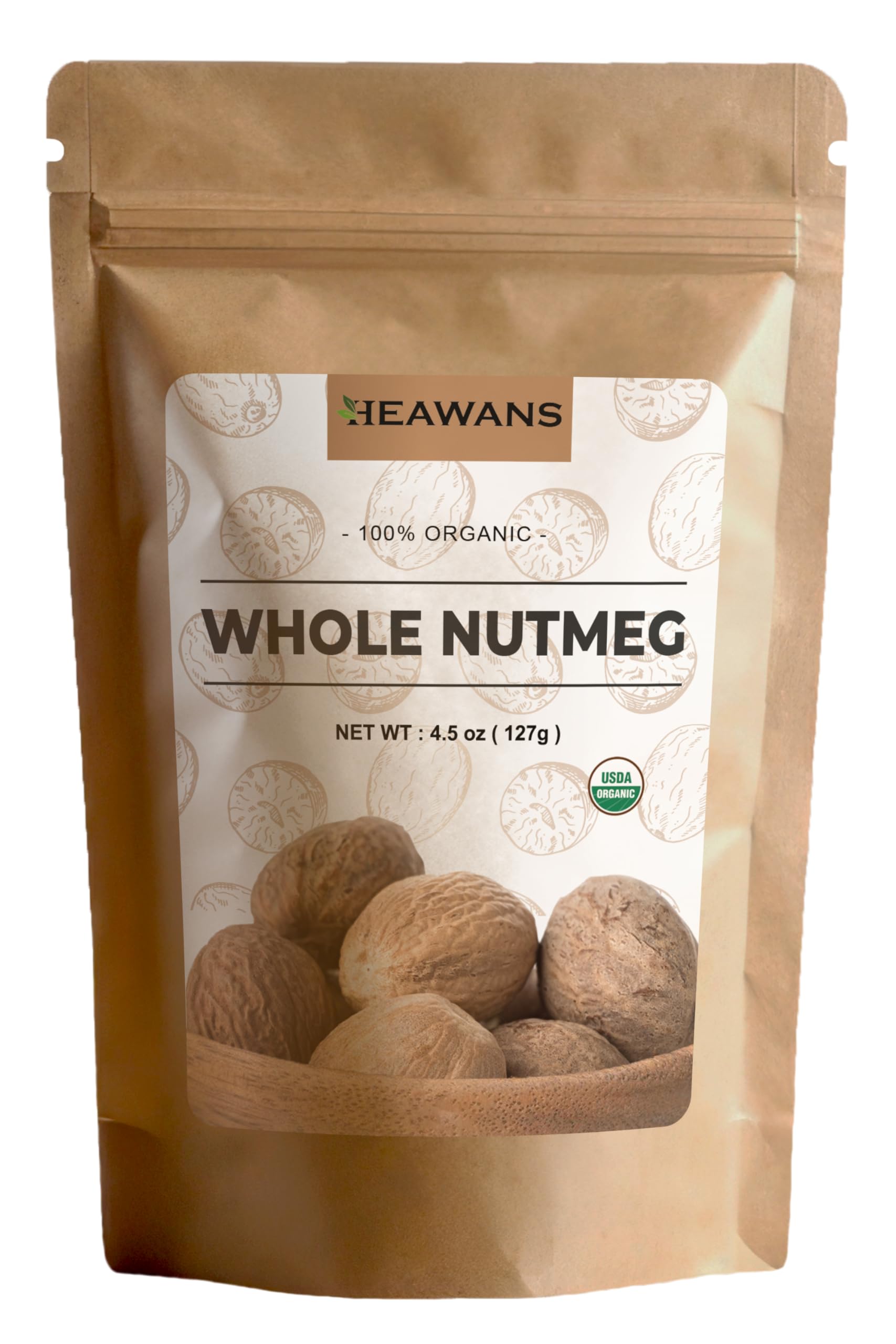 Heawans Organic Whole Nutmeg 4.5 oz, Premium Grade, Packed in a stand up resealable pouch.