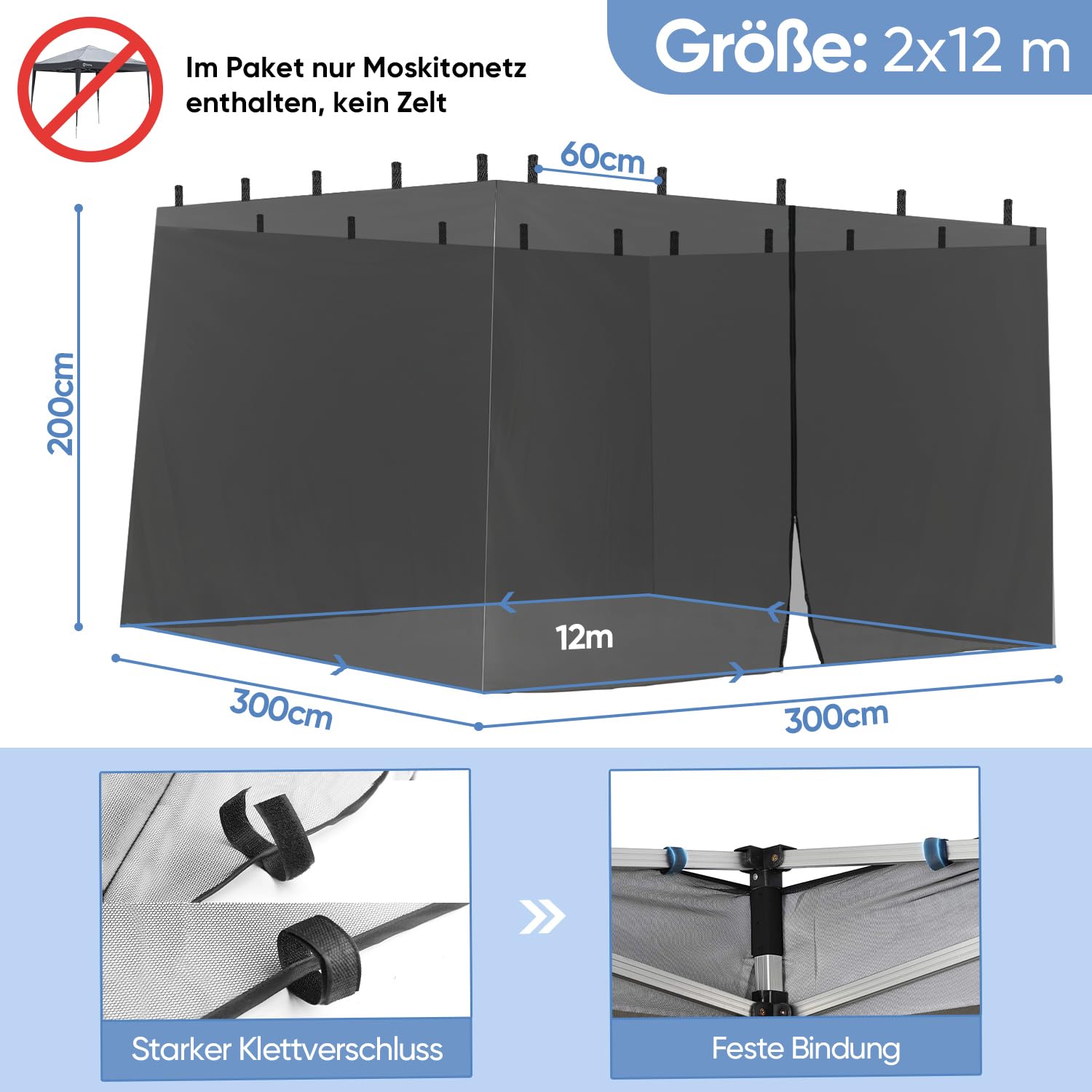 Sekey Moskitonetz für Pavillon 3x3 m (KEIN Pavillon im Lieferumfang) mit einem Reißverschluss-Eingang und Klettbänder, Insektenschutz Mückennetz, Schwarz
