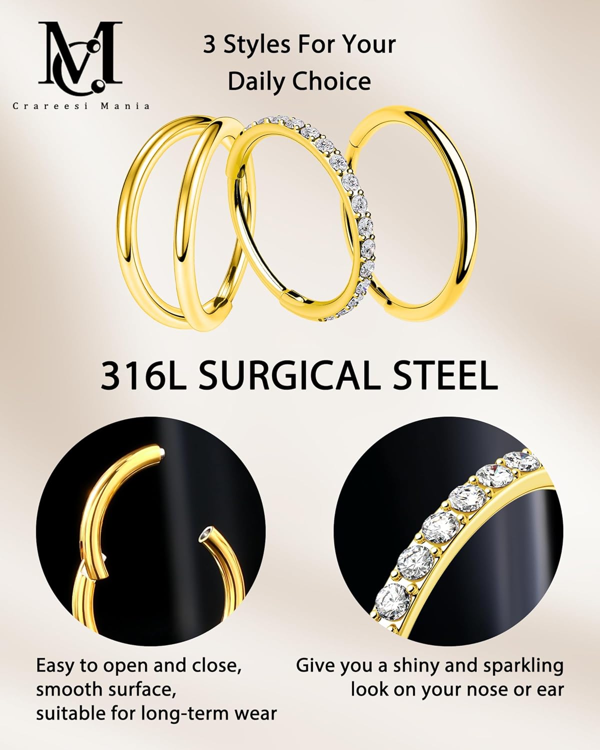 CM Crareesi Mania Nose Rings Hoops Set 3pcs 316L Surgical Steel Double Hoop Nose Ring Septum Rings - Image 2