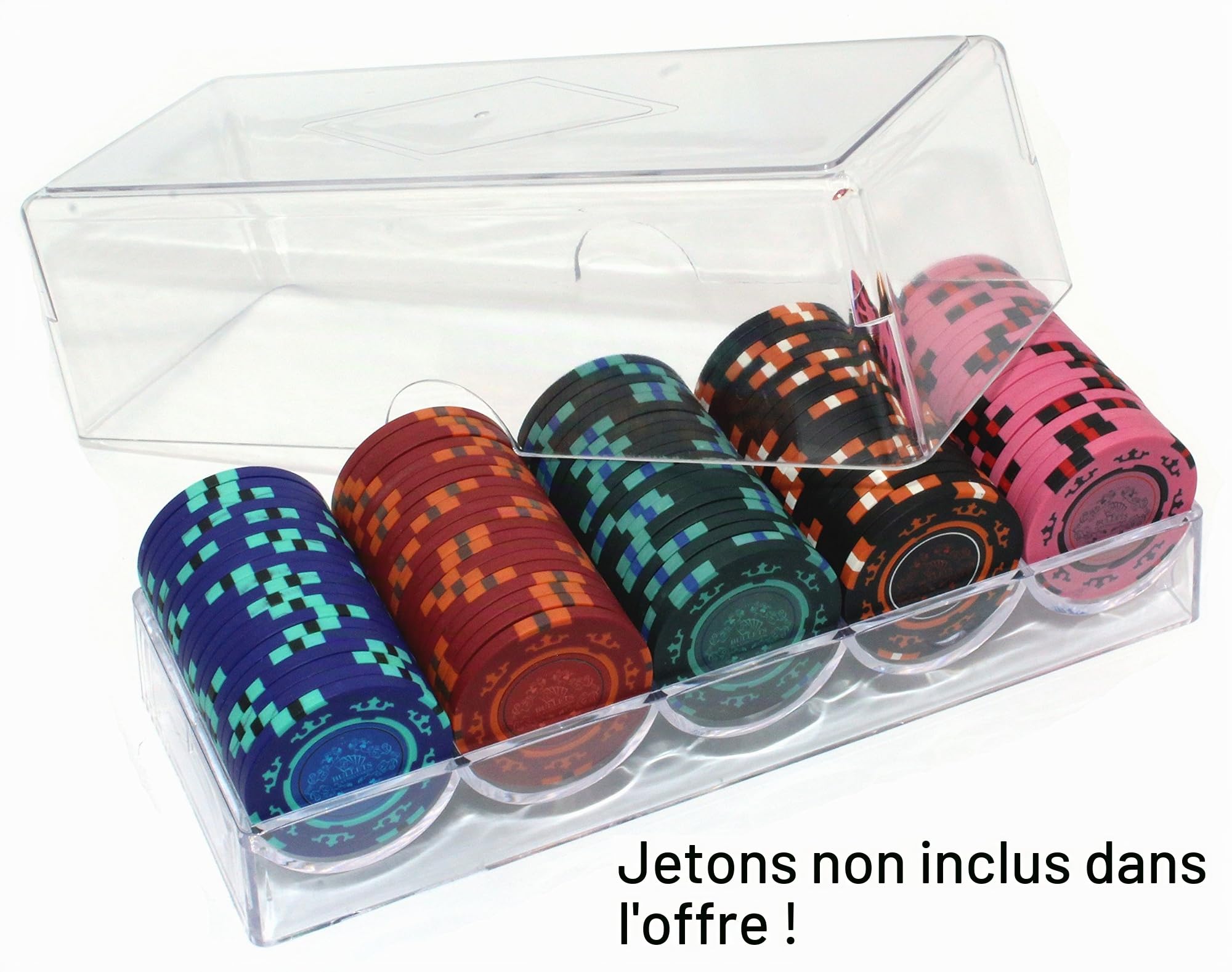 Bullets Playing Cards, Poker Chip Tray Lot de 5 plateaux en acrylique transparent pour 500 jetons avec couvercles pour 100 jetons chacun
