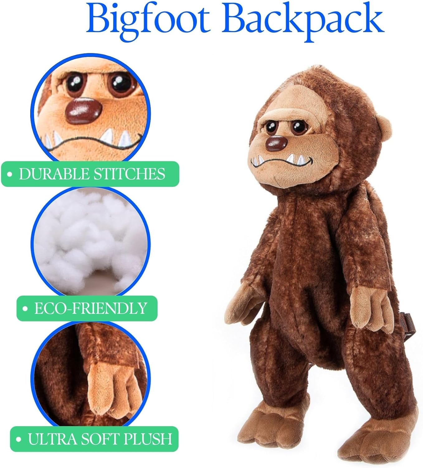 The Petting Zoo Bigfoot Boy Stuffed Animal Plushie Backpack, Gifts for Kids, Wildlife Animal Toy, Brown Bigfoot Plush Toy Book Bag, 20 inches