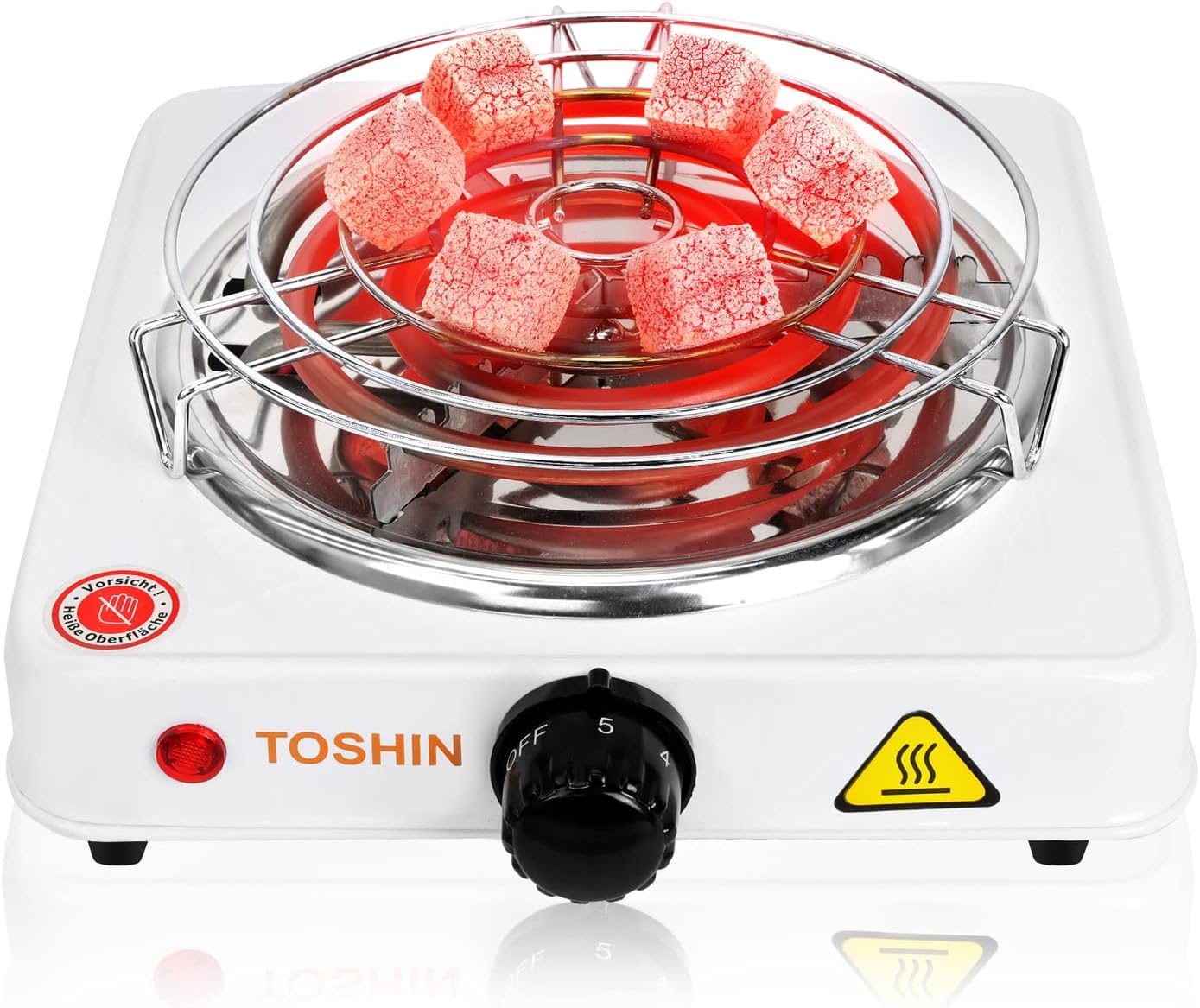 TOSHIN Encendedor de carbón eléctrico para Shisha Charcoal con Rejilla, Estufa de carbón de 1000 W, 5 Niveles de Calor, protección contra sobrecalentamiento, Cable Largo de 140 cm (Blanco)