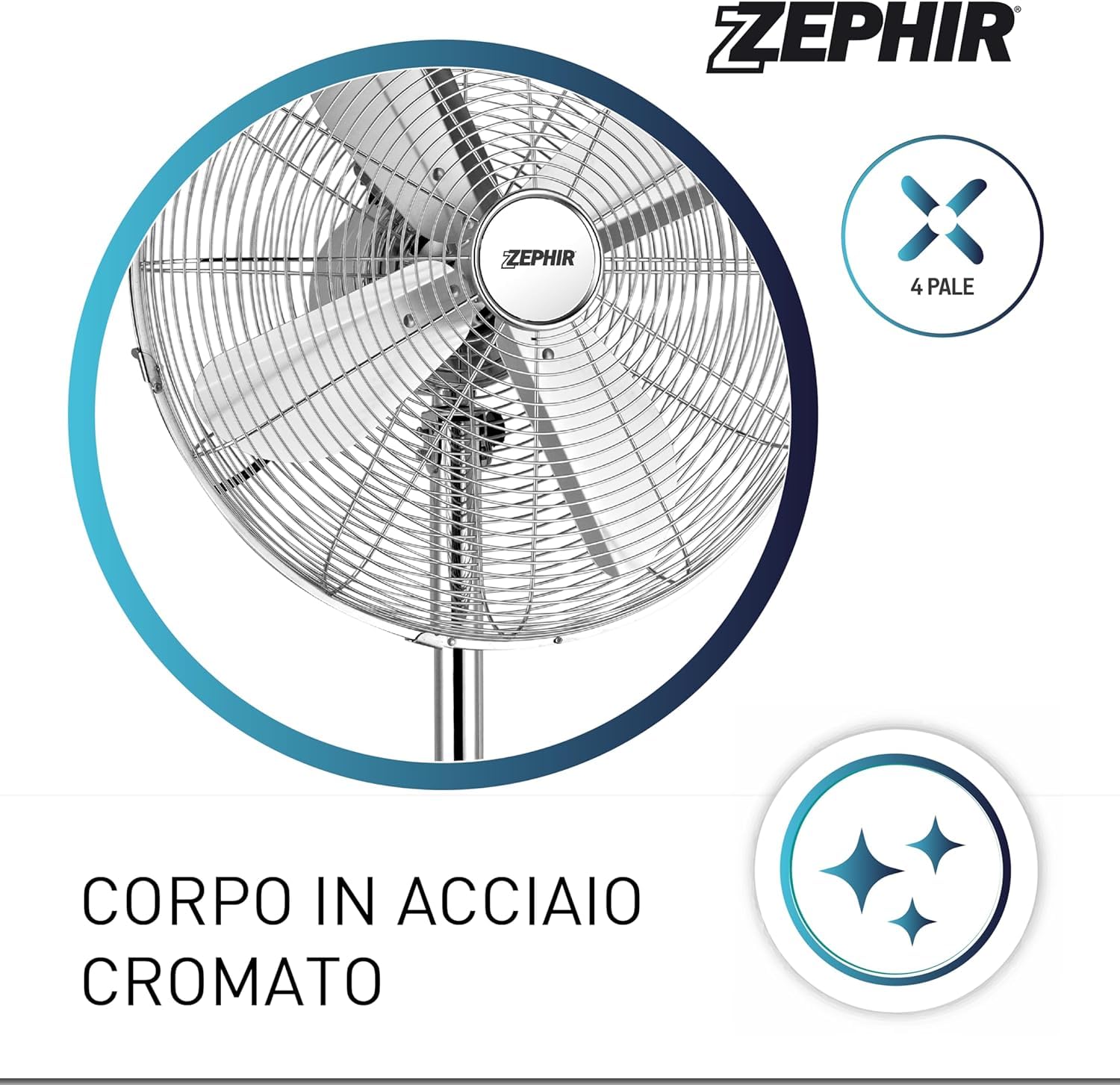 PF40CR Ventilatore a Piantana Professionale 3 Velocità Oscillazione Automatica e Griglia di Sicurezza Regolabile in Metallo Altezza 140 cm Silenzioso Zephir