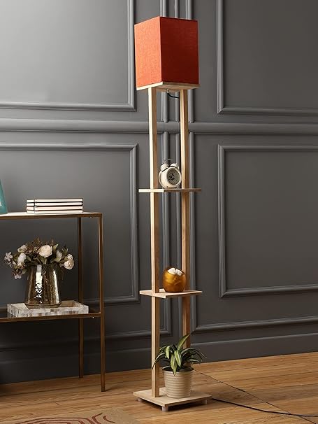 SANDED EDGE - SMARTLY PRICED Mario 3 Tier Shelf Storage Solid Wood Floor Lamp with Red Color Shade for Home, Living Room, Office D?cor, Gift- Pack of 1