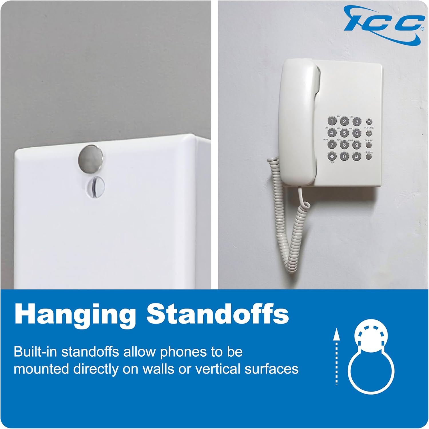 ICC 1-Port Keystone Wall Plate (10 Pack), UL Listed, Durable ABS Plastic with Telephone Hanging Standoffs, Single Gang Wall Plate for RJ45, RJ11/RJ12 6P6C Jack, White