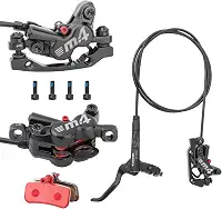 MEROCA Freios a disco hidráulicos para mountain bike M4 com 4 pistões, tubo frontal de 800 mm, tubo traseiro de 1400 mm, com adaptador PM para rotor de 160 mm