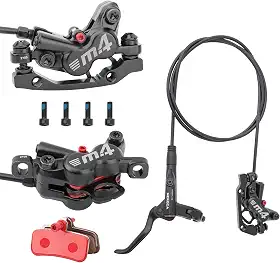 MEROCA Freios a disco hidráulicos para mountain bike M4 com 4 pistões, tubo frontal de 800 mm, tubo traseiro de 1400 mm, com adaptador PM para rotor de 160 mm