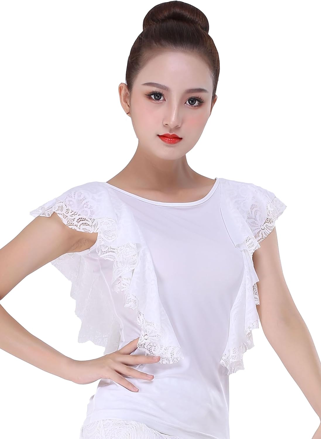 Women's Practice Ballroom Latin Lace Ruffled Dance Shirt Top