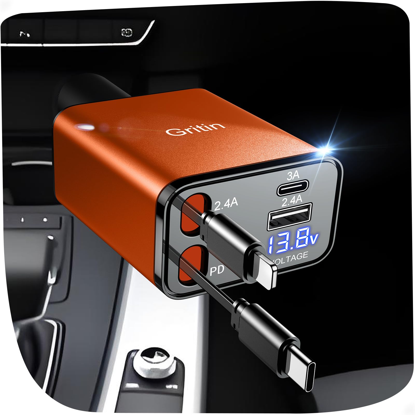 Gritin 4 in 1 Zigarettenanzünder USB C 69W Auto Ladegerät Adapter Kfz 12V, Camping Wohnmobil Auto Zubehör, Travel Essentials mit Spannungsanzeige, Car Accessoires für iPhone & Galaxy usw. -Orange