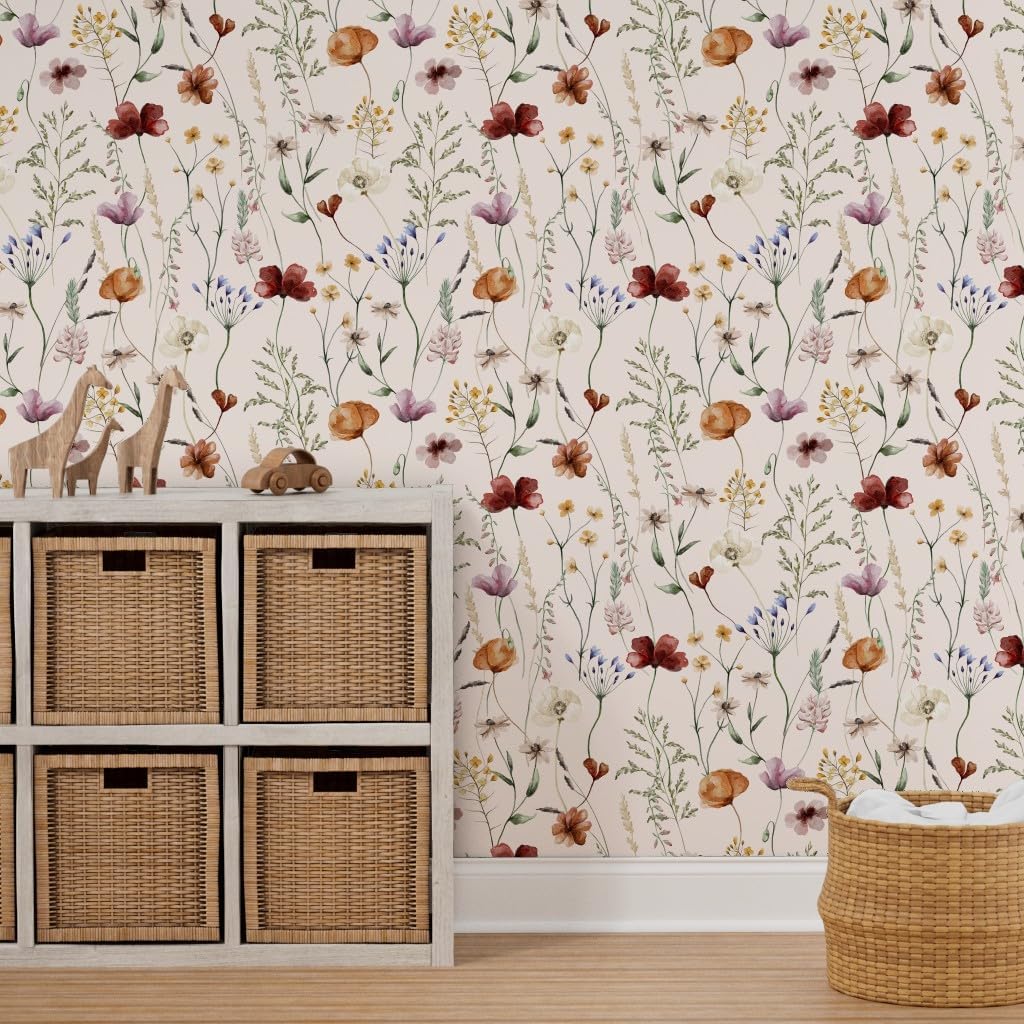 Spoonflower Peel & Stick Wallpaper 6ft x 2ft - Wildflowers Meadow Blush Vintage Flower Botanical Custom Removable Wallpaper