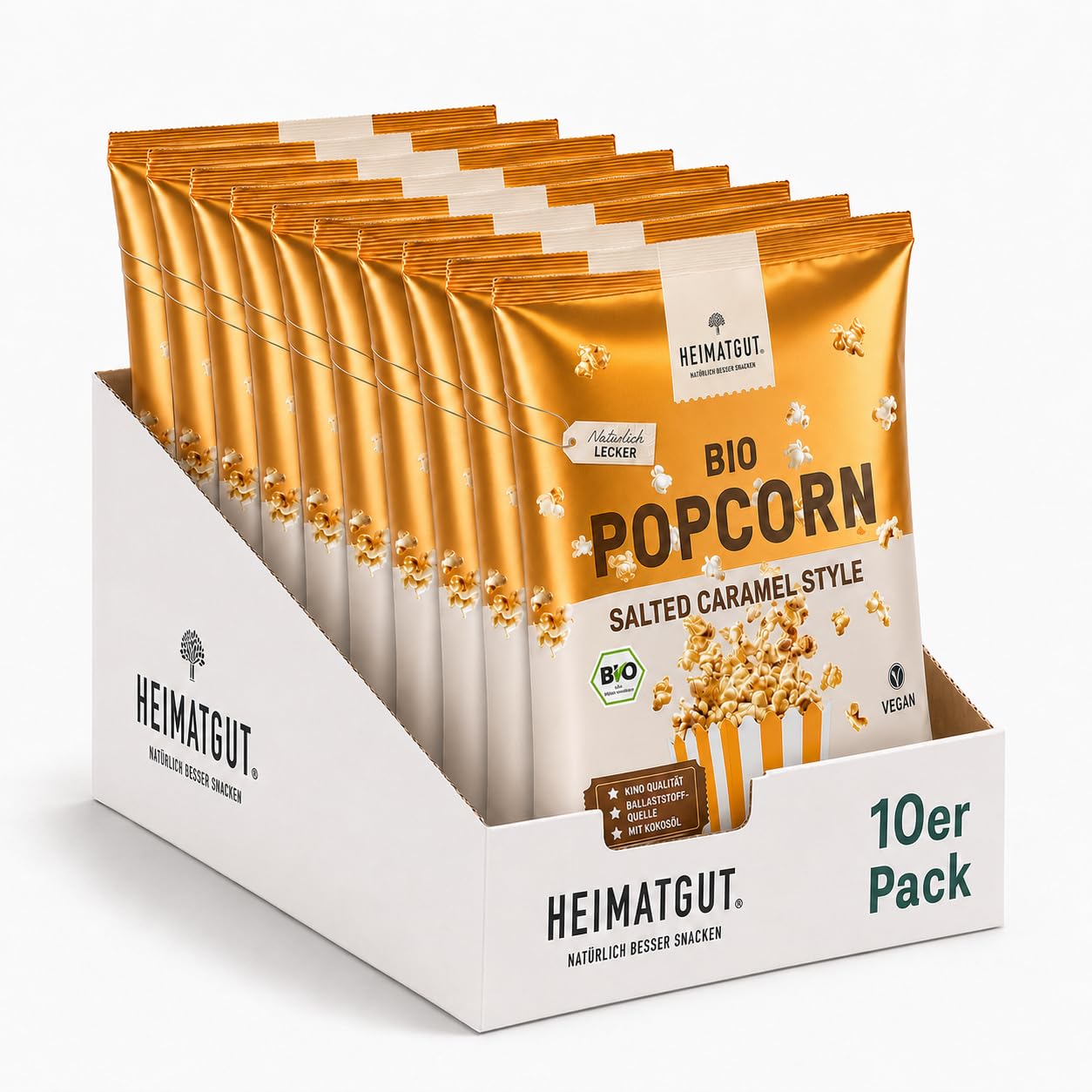 HEIMATGUT® Bio Veganes Popcorn Salted Caramel | Premium Butterflycorn Popcorn-Mais | Mit Bio Kokosöl | Ohne Butter & Palmöl | Glutenfrei | Veganer Snack ohne künstliche Zusätze | 10 × 90 g