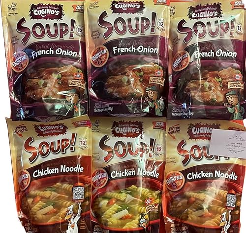 Cugino's - Mezcla de sopa de fideos de pollo (3) y mezcla de sopa de cebolla francesa Cugino's (3), incluida con tarjeta de recetas minoristas de