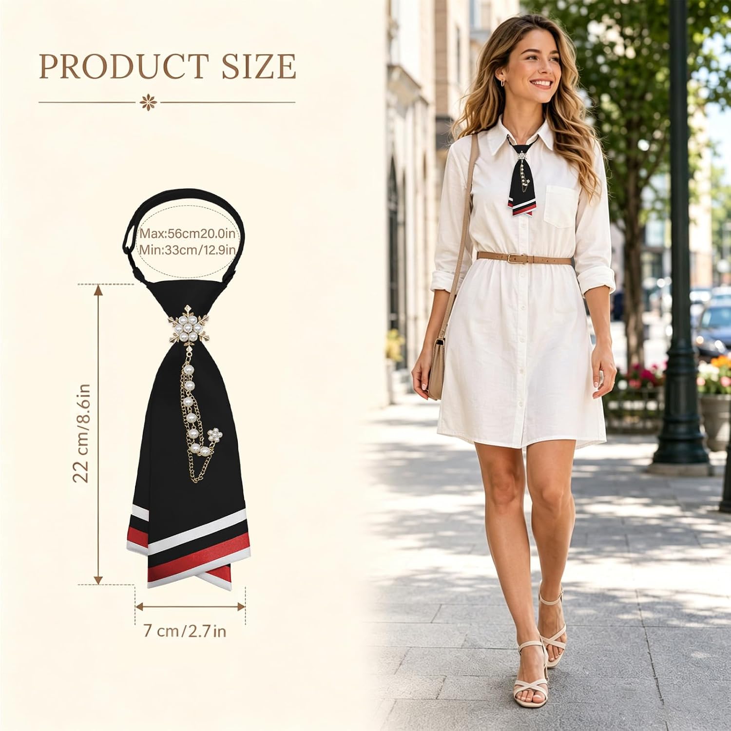 Pearl Ties for Women Pre-tied Short Neckties for Women with Stripe | Snowflake Shaped Pearl, Pearl Chain, Contrast Stripe Pre-tied Short Tie, 8.6" X 2.7", For Party Wedding Banquet Daily Wear
