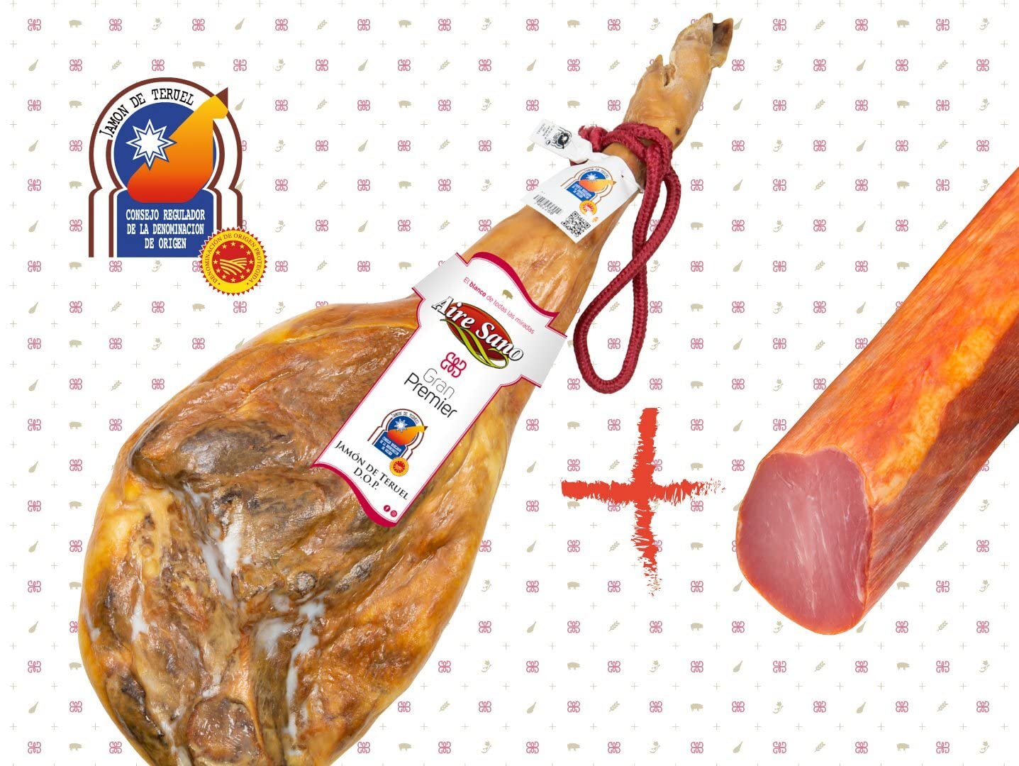 Aire Sano - Jamón de Teruel DOP Gran Premier entre 8-8.5 Kg + Taco de Lomo Padre 100% Duroc de 310g - Envasado al vacío