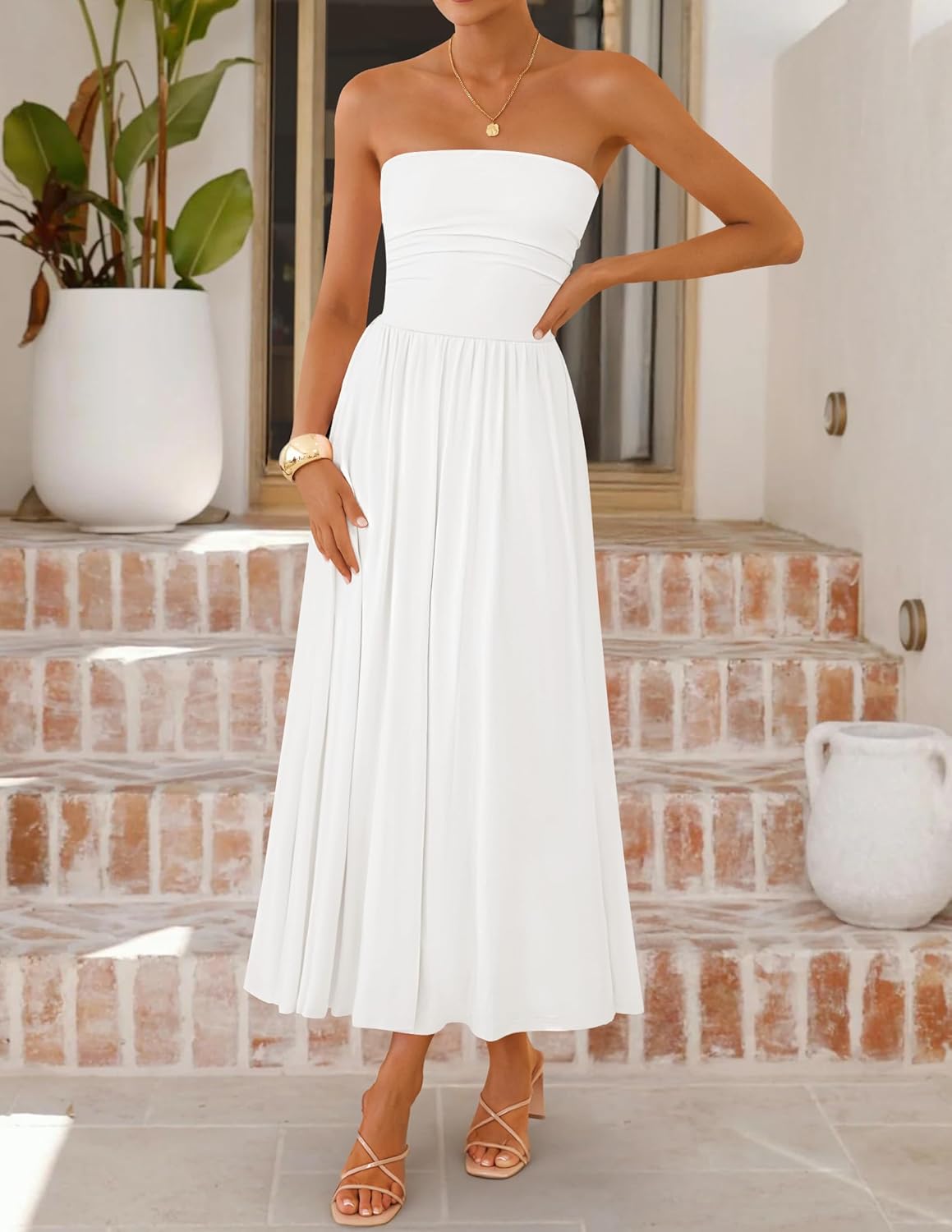 ZESICA Women's Summer Sleeveless Midi Dress 2026 Strapless Ruched A Line Flowy Wedding Guest Party Beach Long Dresses