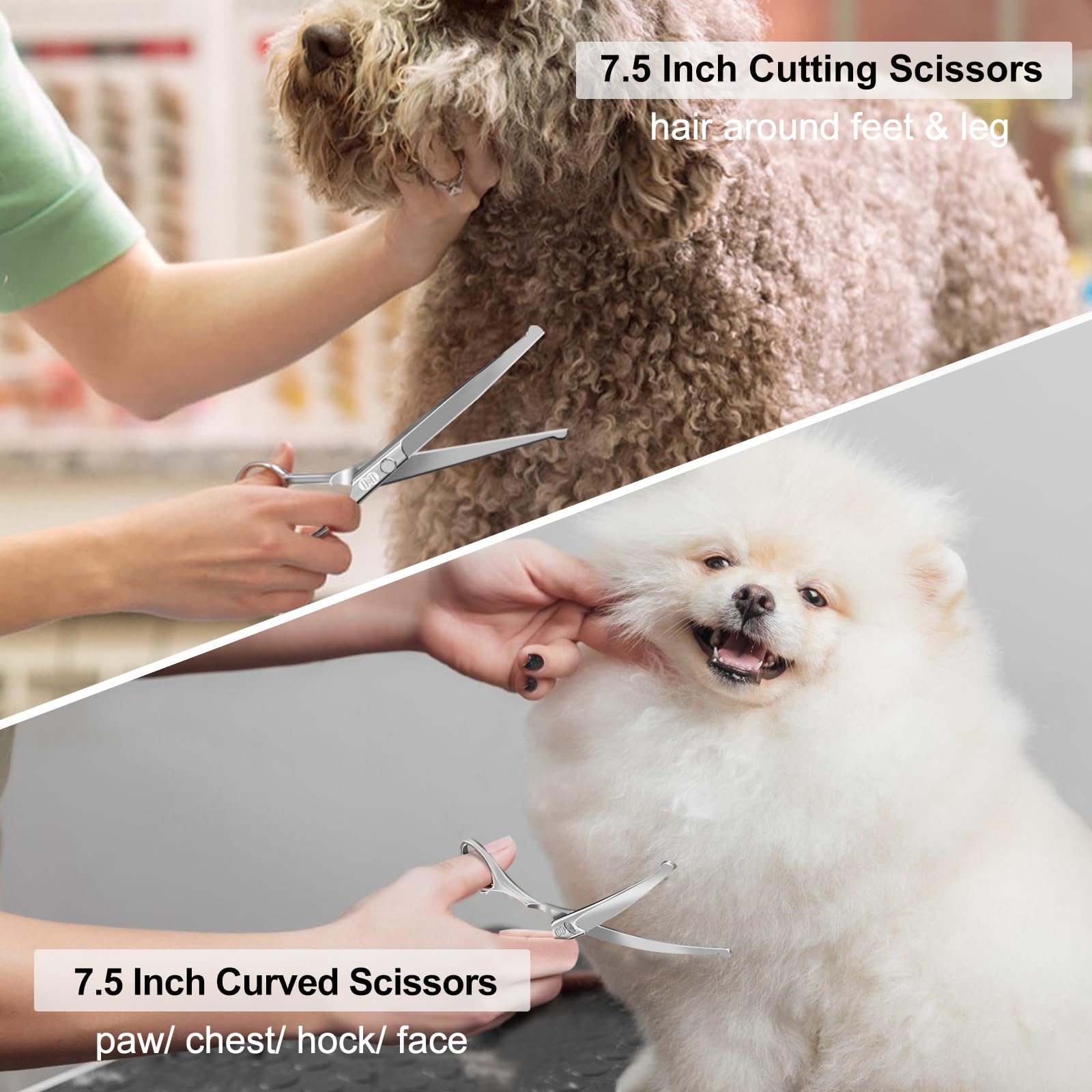 CIICII Tijeras para Perros, 7,5" Juego de Tijeras Peluqueria Canina Profesional (Gato Perro Aseo Tijeras Entresacar & Tijeras Curvas) para Aseo Mascotas Bricolaje (Punta Redonda-9 Pcs-Plata)