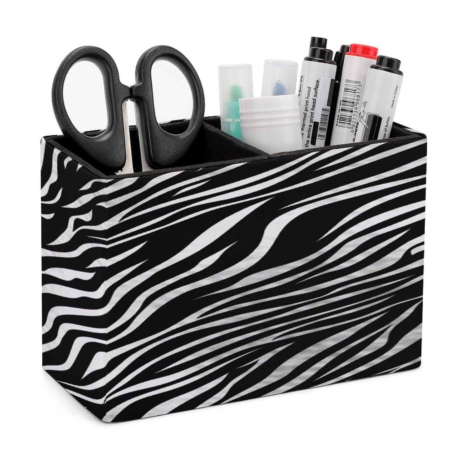 FekiLoot Zebra Print Pen Holders for Desk Small Remote Control Holder Leather Pencil Cup with Double Compartments Desktop Organizer for Table Desk Office Space Saving