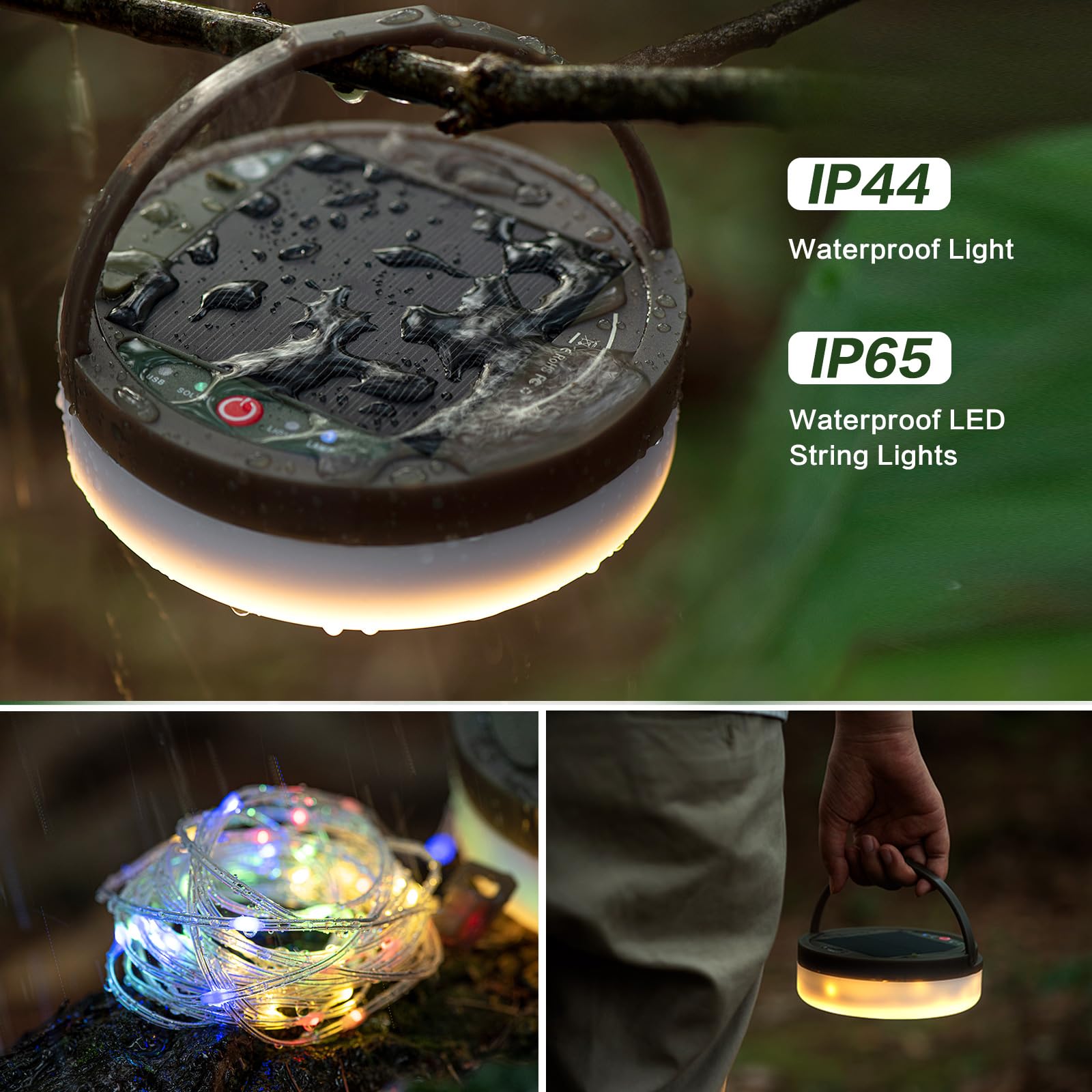 Luci solari da campeggio, 4 in 1, lanterna da campeggio all'aperto con 8 modalità di illuminazione (2,2 m), recupero rapido degli anni '30, impermeabile, ricarica rapida di tipo C, luci da campeggio