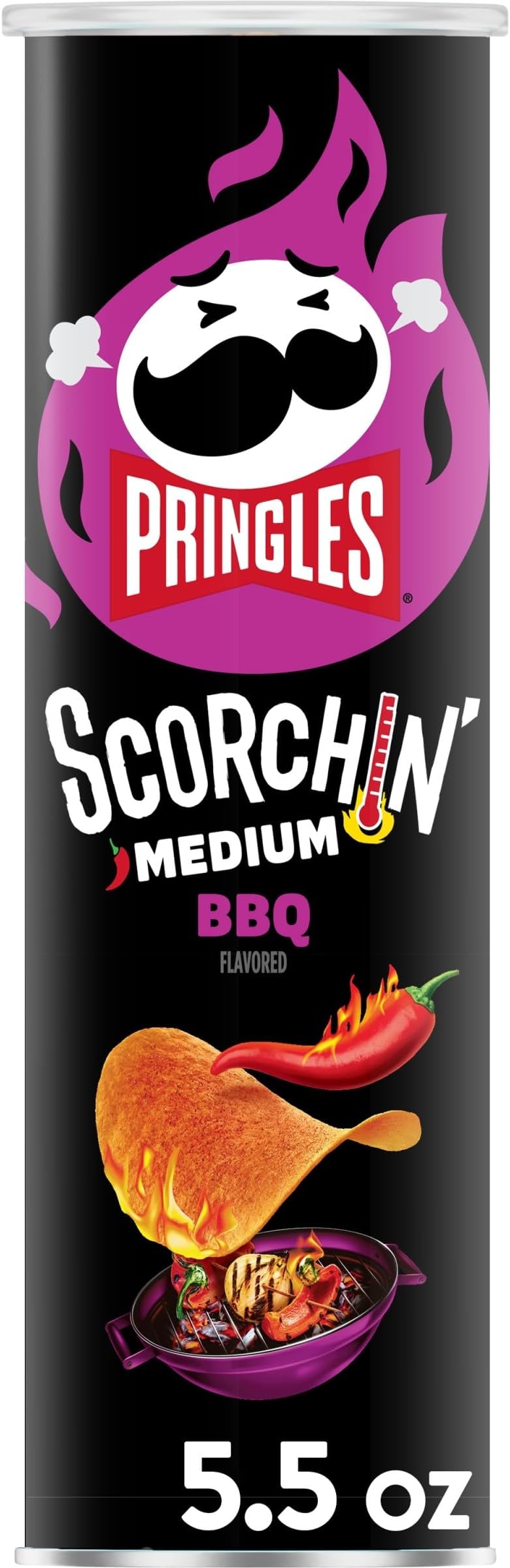 Pringles Scorchin' Potato Crisps Chips, Spicy Snacks, On-the-Go Snacks, BBQ, 5.5oz Can (1 Can)