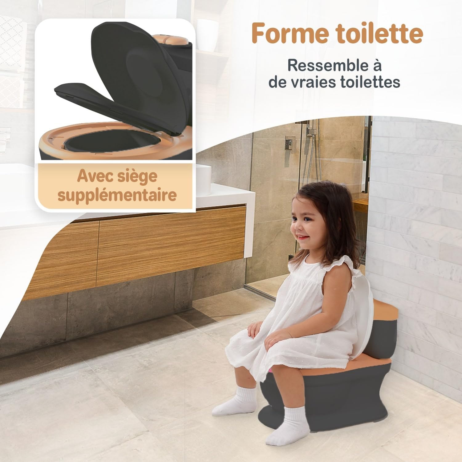 Twinky® Pot pour bébé et enfant - Potty Trainer 3 en 1 - Toilettes pour bébé - Avec son chasse d'eau - Design compact - Musique et porte-rouleau - Siège de toilette parfait pour les enfants - Noir