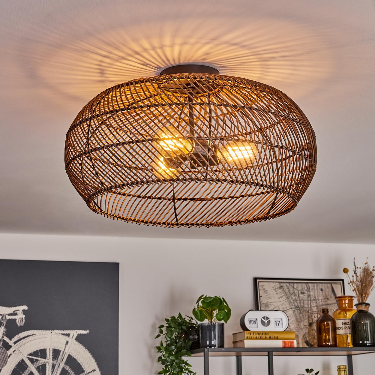 Plafoniera Brandala, lampada da soffitto moderna in metallo/rattan nero/marrone scuro, stile boho con un fantastico effetto luminoso sul soffitto, Ø 50 cm, 3 luci, x E27, senza lampadine