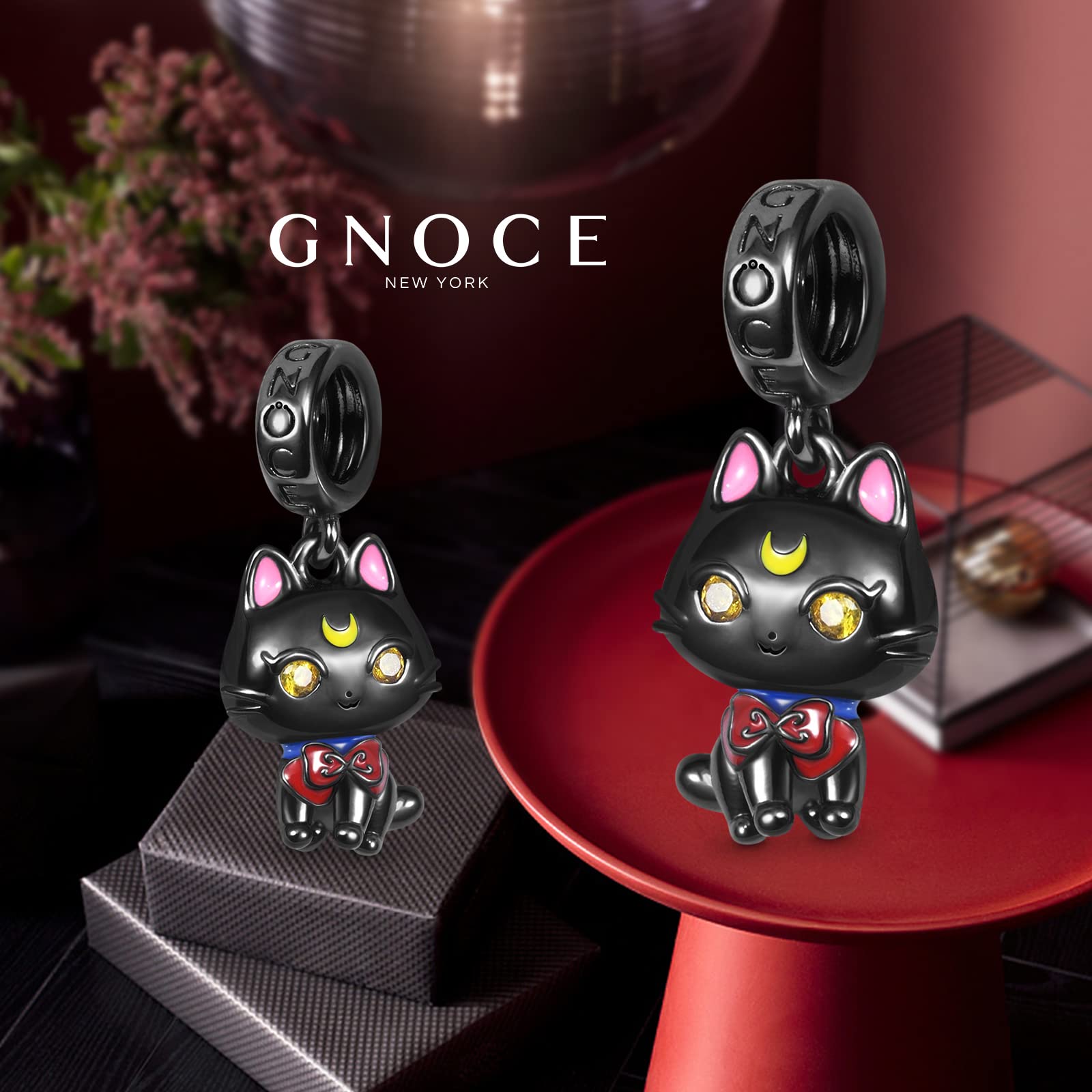 GNOCE Sweet Black Cat Charms 925 Sterling Silver Nero Placcato Ciondolo Ciondola Perline per Braccialetto di Fascino/Collana Gioielli Regalo Per Le Donne Ragazze Figlia