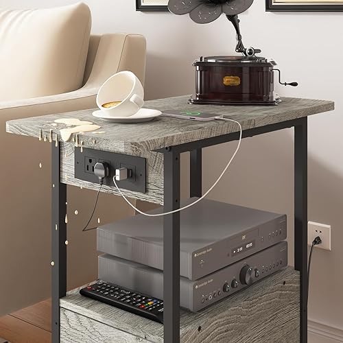 Miniatura 6 de LIDYUK Mesa auxiliar con estación de carga, mesa auxiliar estrecha con cajón, puertos USB y tomas de corriente, mesita de noche para espacios