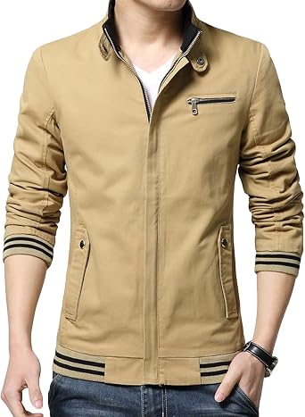 Mens Slim Fitting Jacket Male Casual Cotton Full Zip Jackets Men Standing Collar Lightweight Spring Fall Jacket