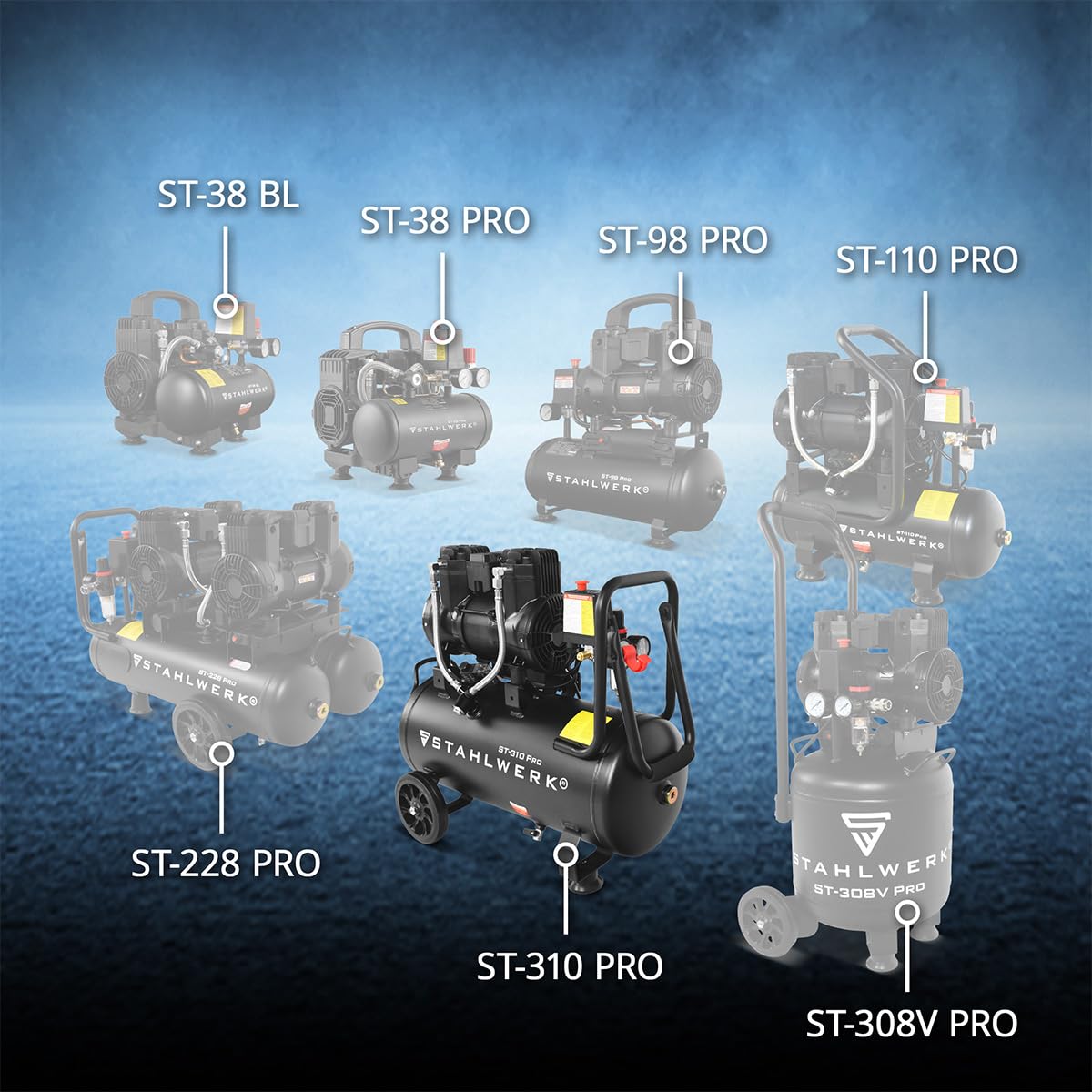 STAHLWERK Kompressor mit 30 L Tank (ST-310 Pro) – ölfrei & leise, 8 bar, 1,97 PS (1,45 kW), 250 l/min, 70 dB, Druckluftkompressor mit Brushless-Motoren, Silent-/Flüsterkompressor, Kolbenkompressor