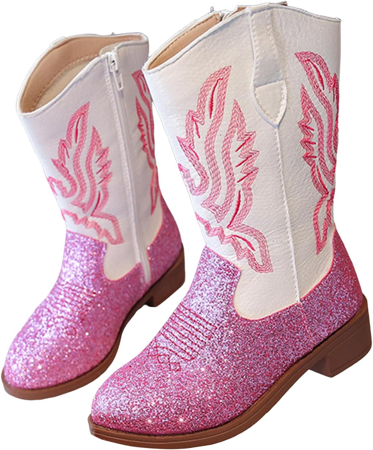 Girls Glitter Sequin Boots Embroidery Unisex-Child Wide Mid Calf Cowgirl Boots Toddler Cowboy Boot Little Big Kids Western Riding Shoes Round Toe Leather Chunky Heels Zip Up Trendy Waterproof Shoes