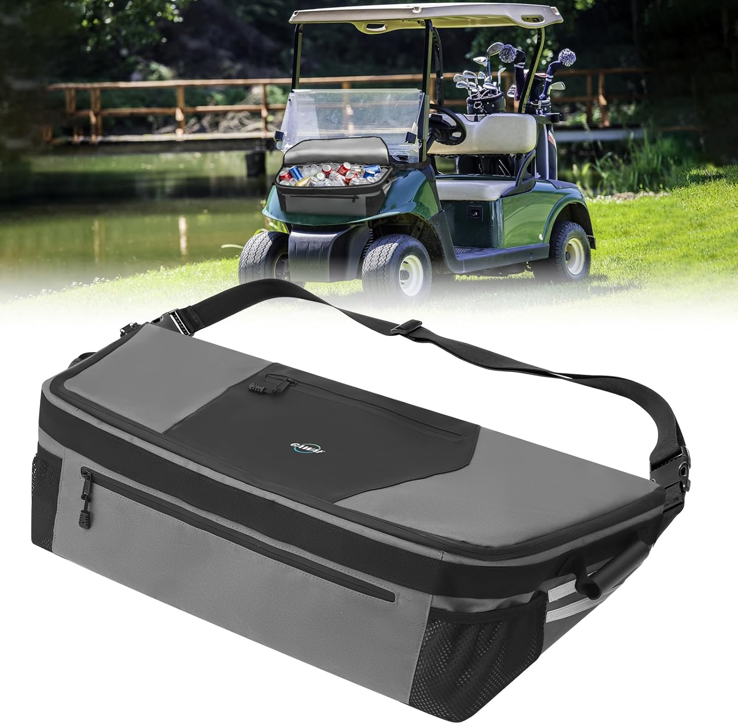 Golf Cart Cooler Bag, Insulated Fits 20-30 11oz Cans, Reflective Finish with Handy Pockets, Golf Cart Accessories Compatible with EZGO, Club Car Kandi Electric Golf Carts