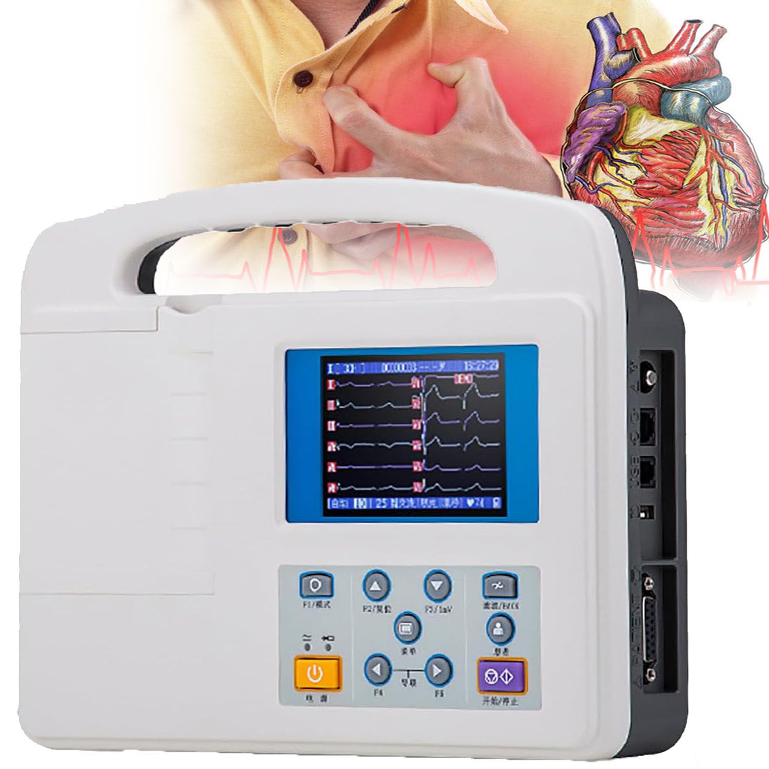 Monitor ECG/ECG Portatile, Monitor Cardiaco Elettrocardiografico, con Carta da Stampa, Macchina Digitale LCD a Colori a 3 Canali a 12 Derivazioni, per Igiene Orale Medica