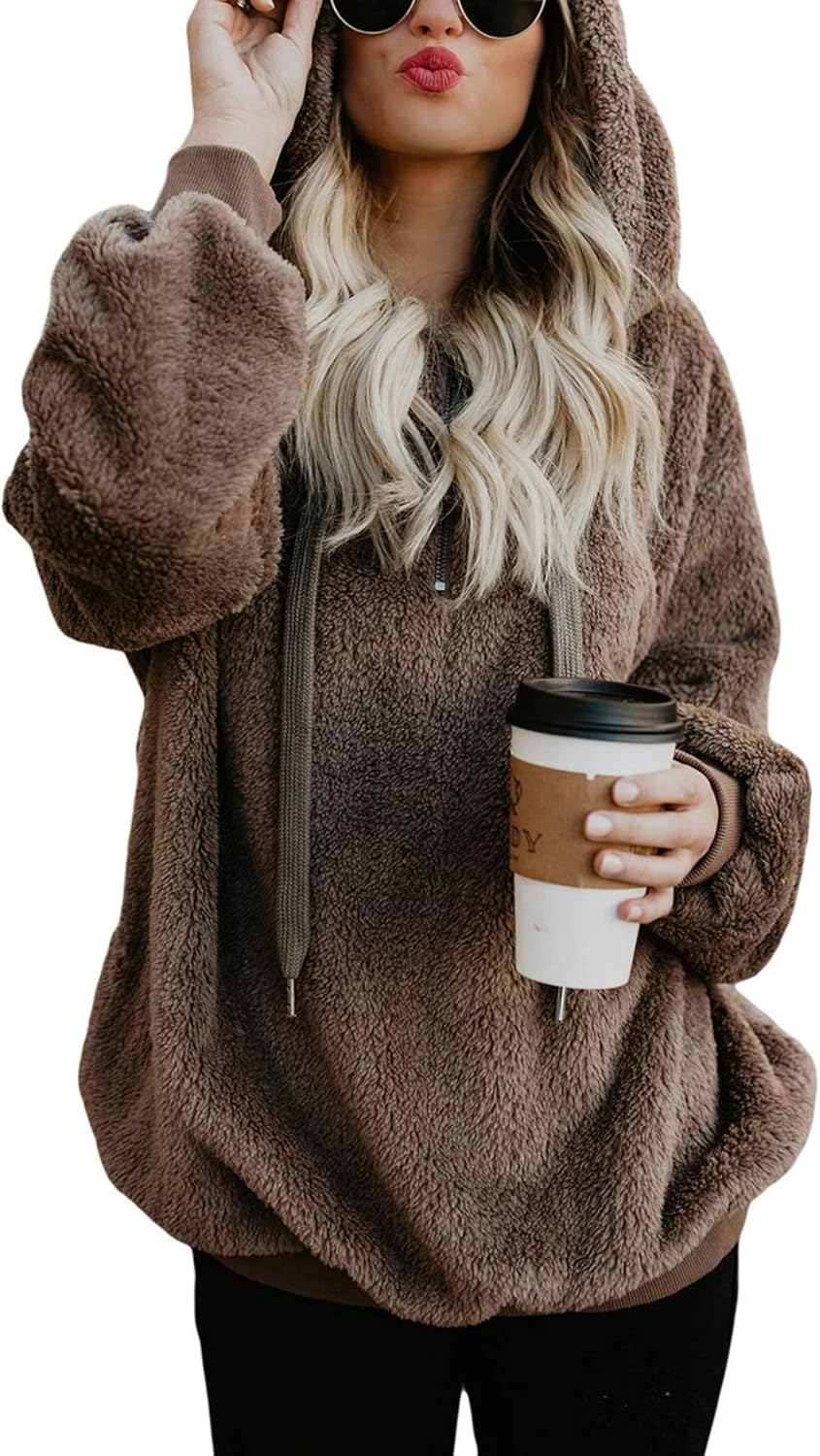 American Trends Felpa Con Cappuccio Donna Sherpa Oversize – Con Cerniera 1/4, Tasche, Morbida E Calda, Taglia XX-Large, Colore Nero