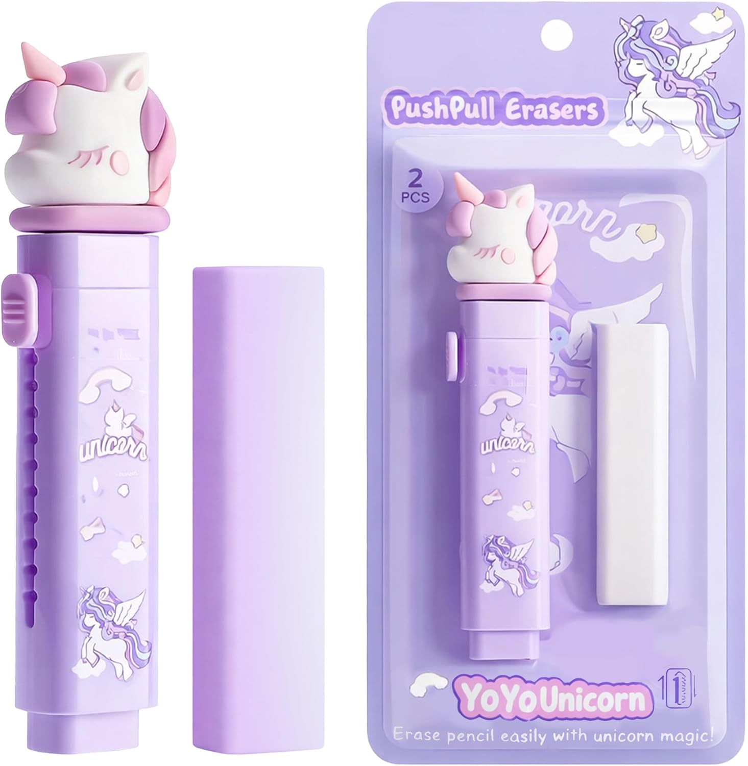 Cute Unicorn Face Push-Pull Eraser for Kids | Smooth Rubber with 1Refill Eraser | Fun School Stationery for Writing & Drawing | Ideal for School, Home Birthday Return Gifts