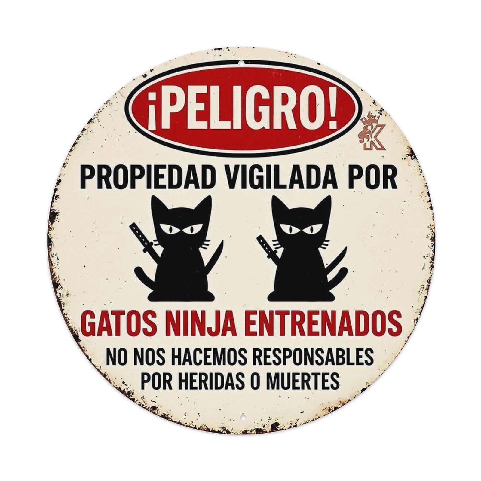 Peligro Propiedad Vigilada Gatos Ninja Tin Sign Metal Poster Vintage Metal Signs for Home Man Cave Bar Cafe Kitchen laundry room Wall Decorations Gift 8x8Inch