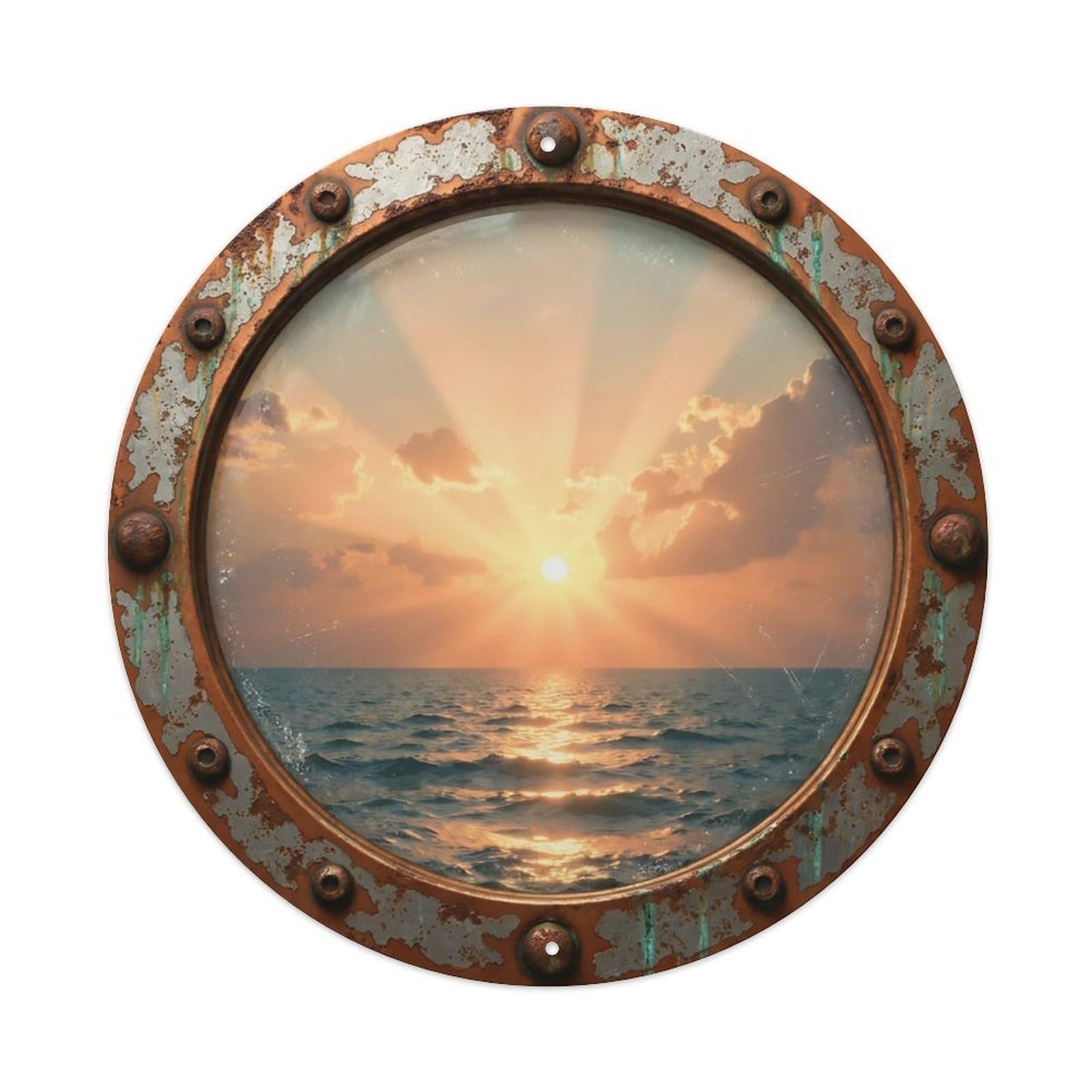 Vintage Porthole Peach Sunset Nautical Window View Metal Tin Sign