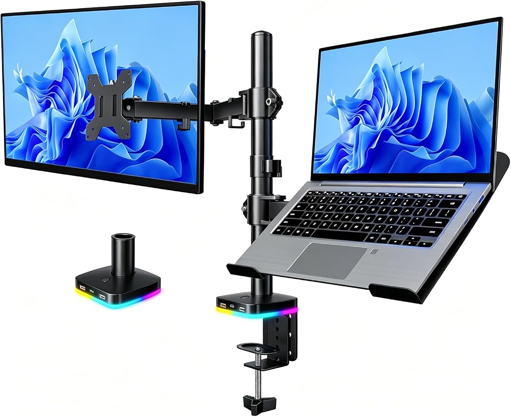 Afaloona RGB Monitor & Laptop Stand with USB Hub, Charging & Data Transfer | Fits 13-32" monitors and 11-17" laptops with a removable tray that converts to a dual monitor mount, up to 18 lb per arm